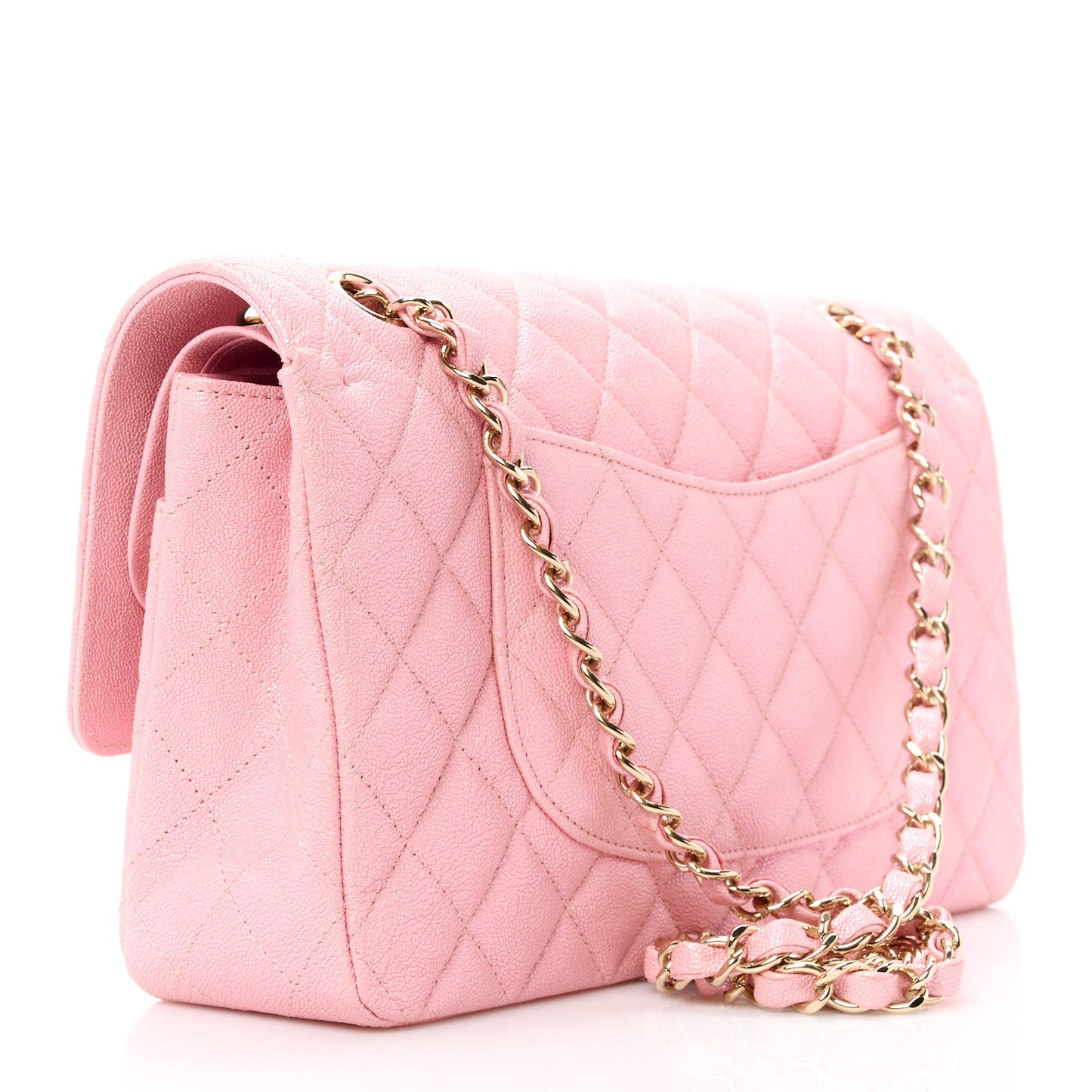 Iridescent Caviar Quilted Medium Double Flap Rose Pink