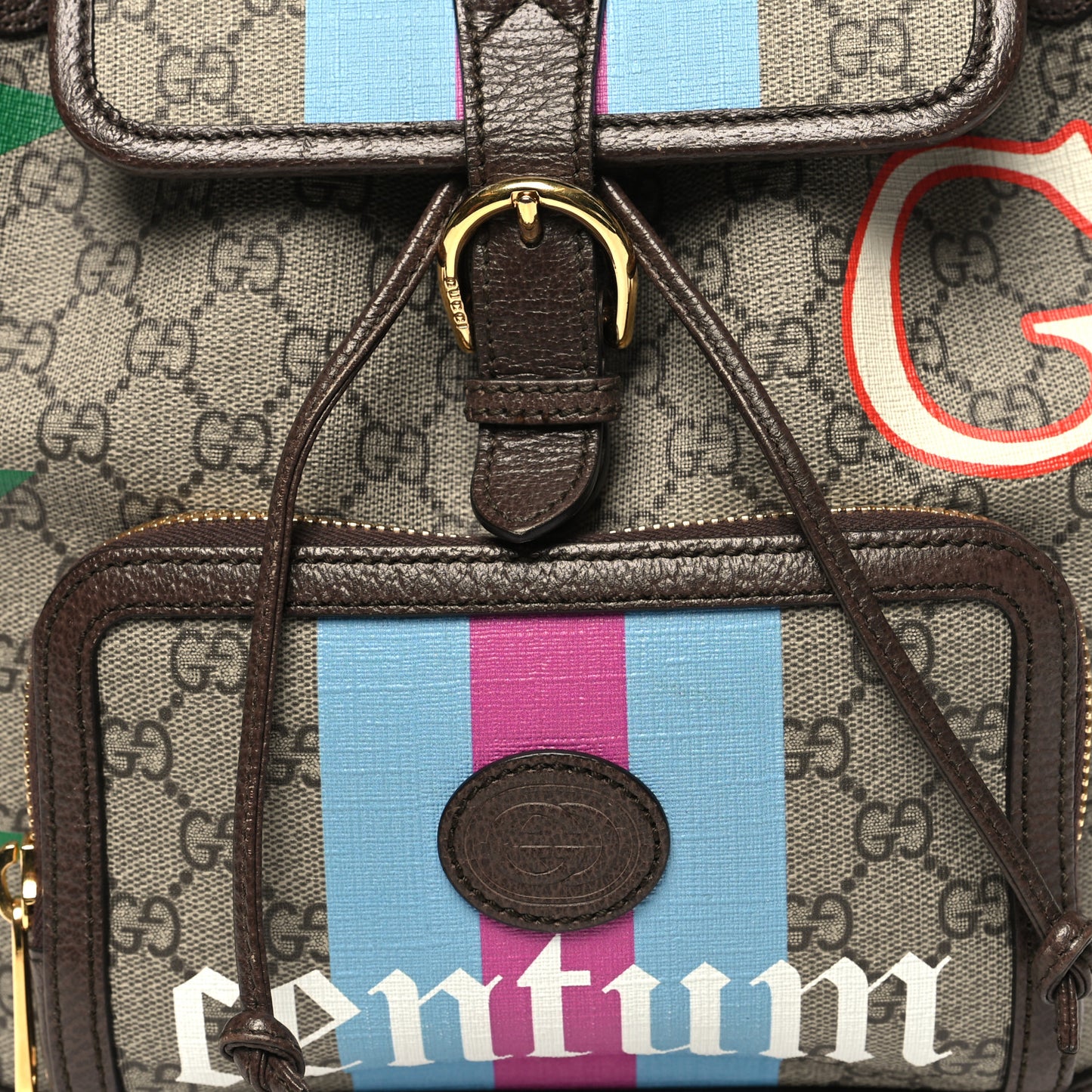 GG Supreme Monogram Equestrian Textured Dollar Calfskin Retro Interlocking G Buckle Backpack Beige Ebony Multicolor New Acero