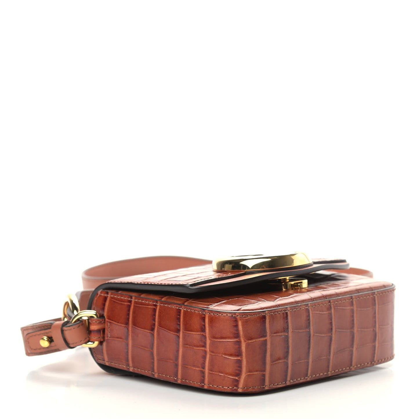 Calfskin Crocodile Embossed Mini C Double Carry Chestnut Brown