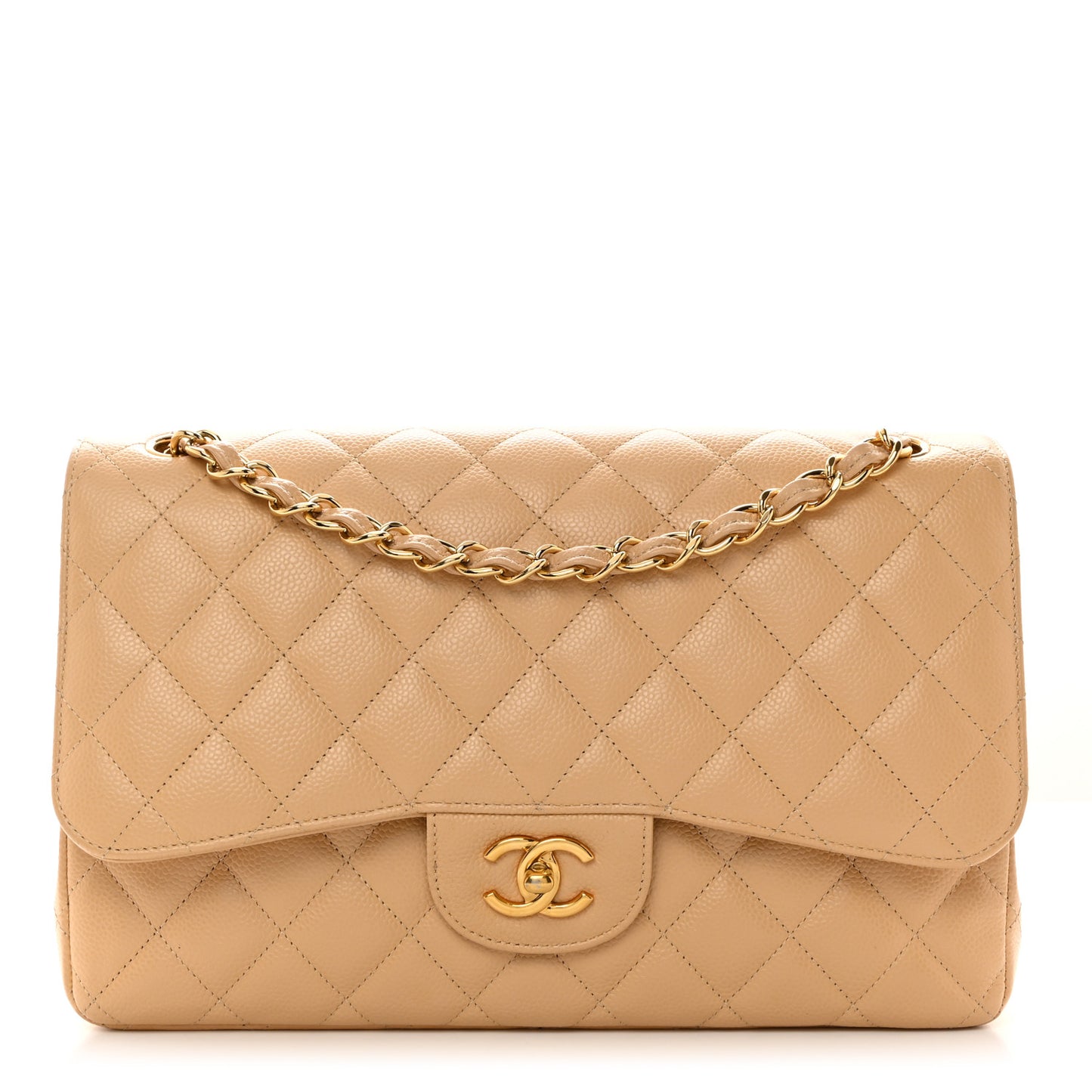 Caviar Quilted Jumbo Double Flap Light Beige