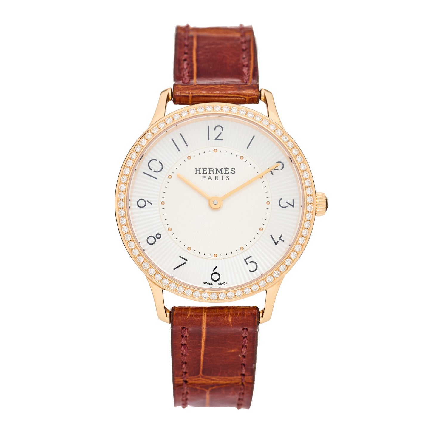 18K Rose Gold Alligator Diamond Mother of Pearl 32mm Slim d'Hermes Quartz Watch