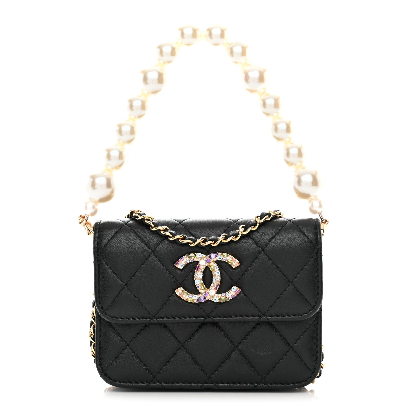 Lambskin Quilted Zirconium Pearl Card Holder Flap With Chain Black