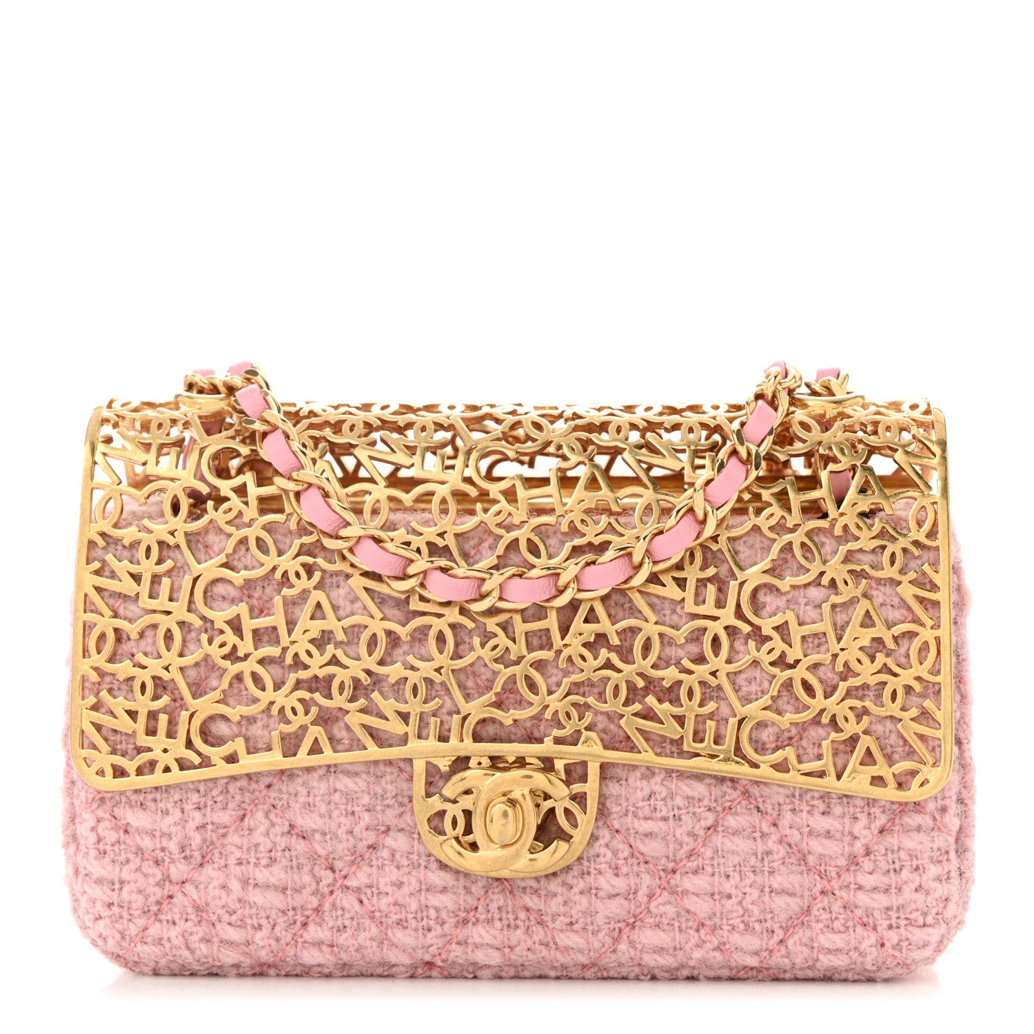 Chanel Metal Tweed Logo CC Minaudiere Mini Flap Bag Pink Gold