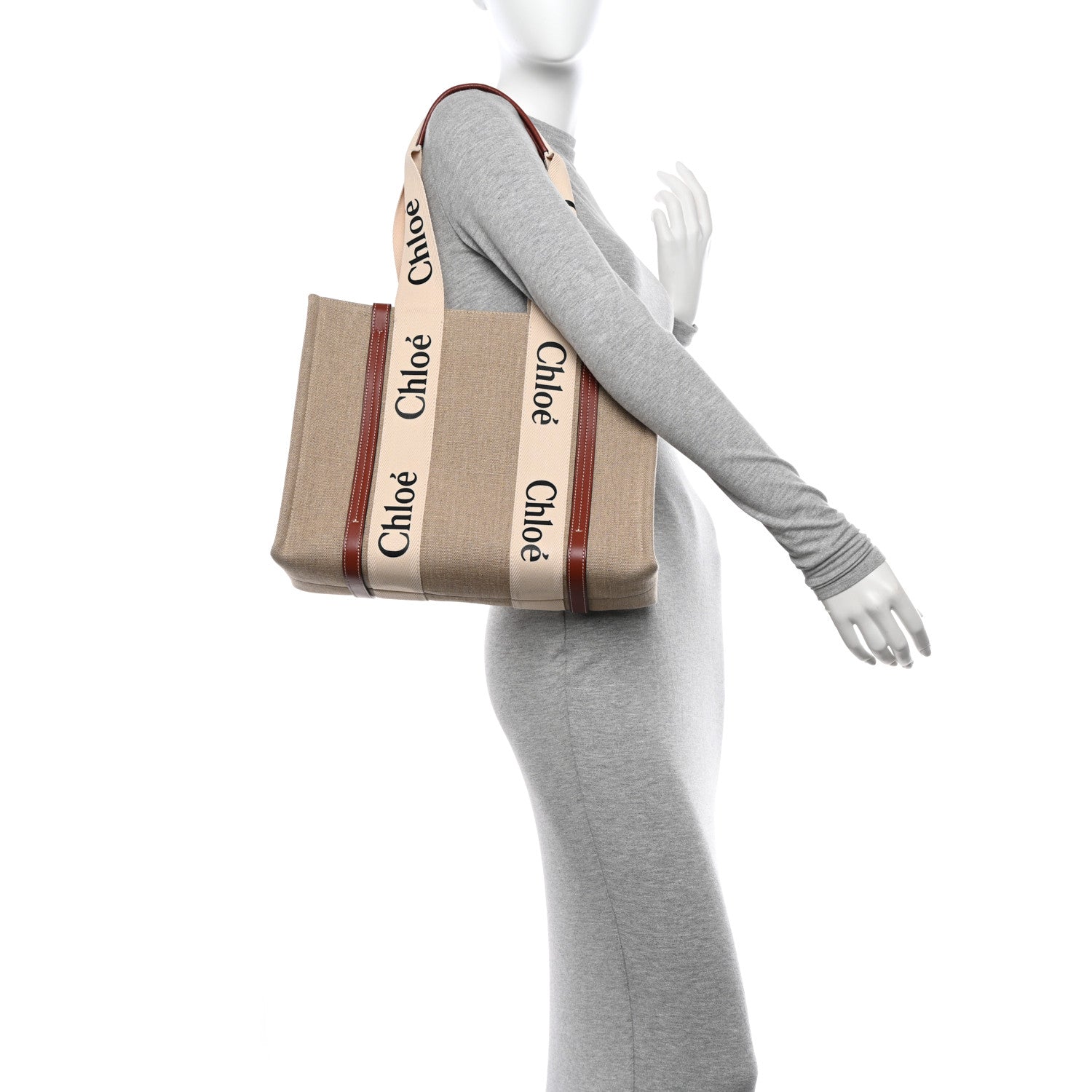 Chloe Linen Calfskin Medium Woody Ribbon Tote White Brown 2 of 15