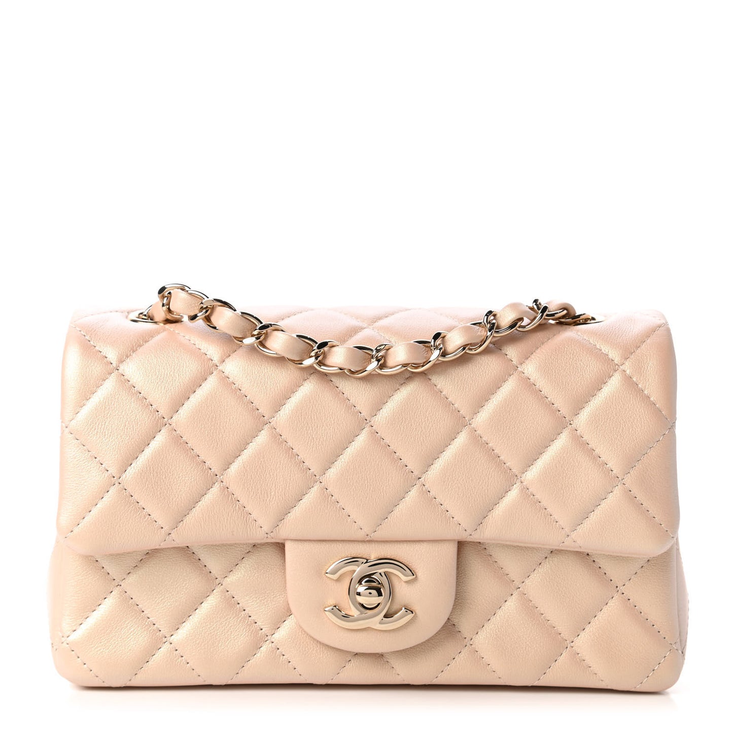 Iridescent Lambskin Quilted Mini Rectangular Flap Beige