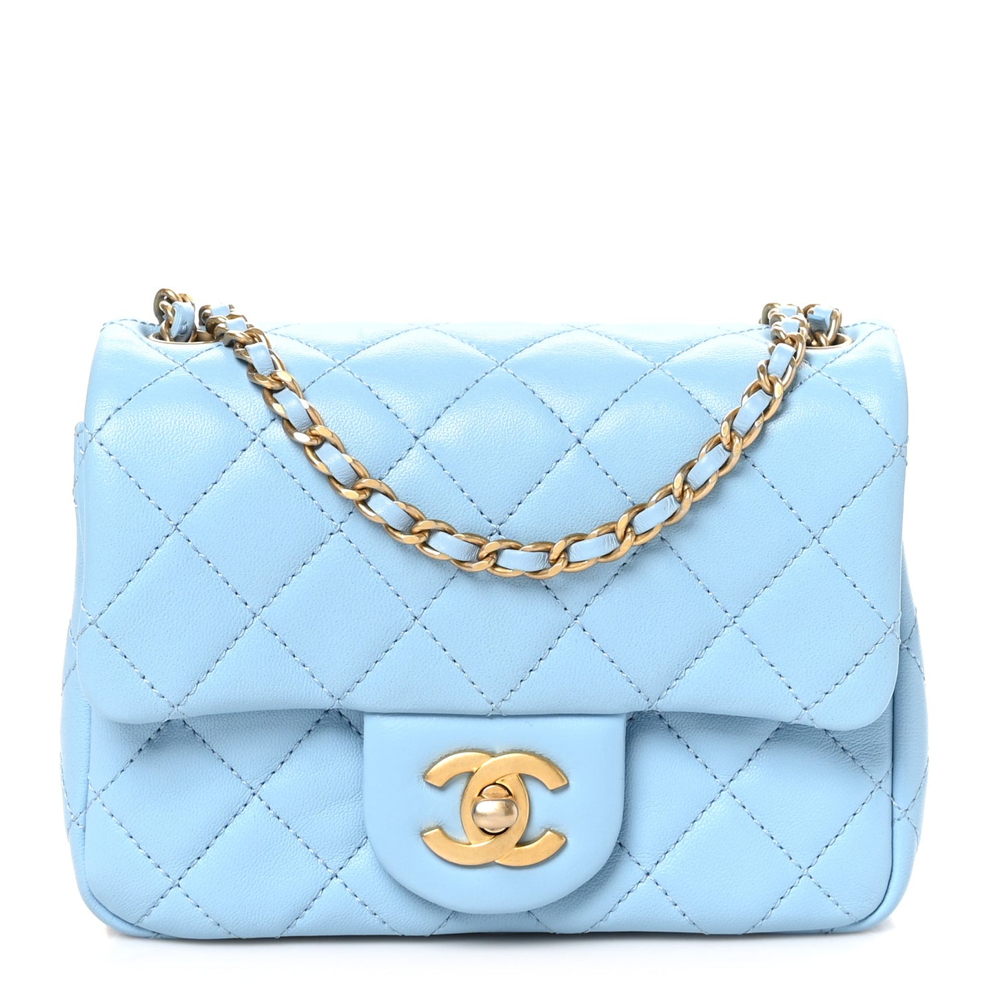 Lambskin Quilted Mini Pearl Crush Flap Light Blue