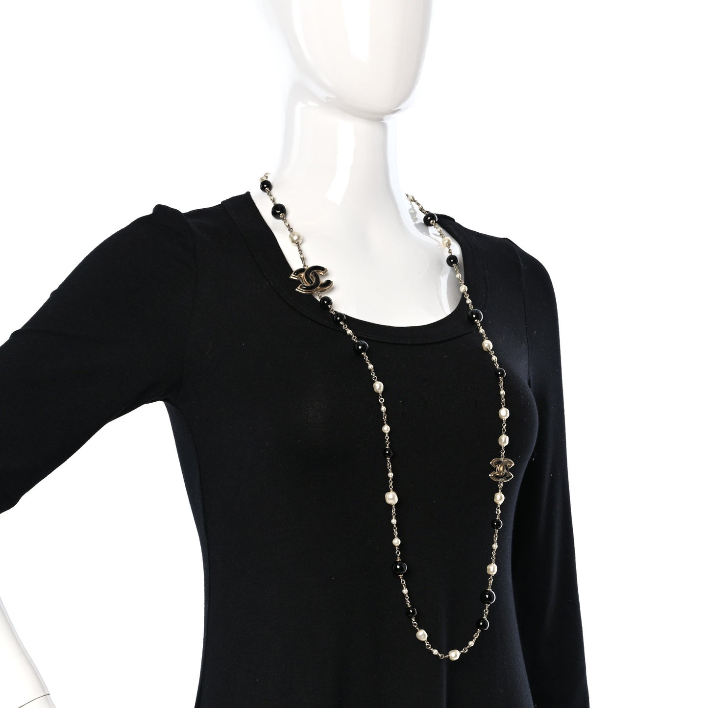 Pearl Beaded CC Long Necklace Black