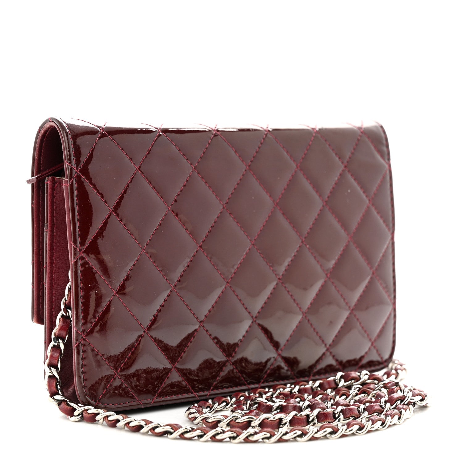 Chanel Patent Quilted Brilliant Wallet On Chain WOC Dark Burgundy 3 of 12
