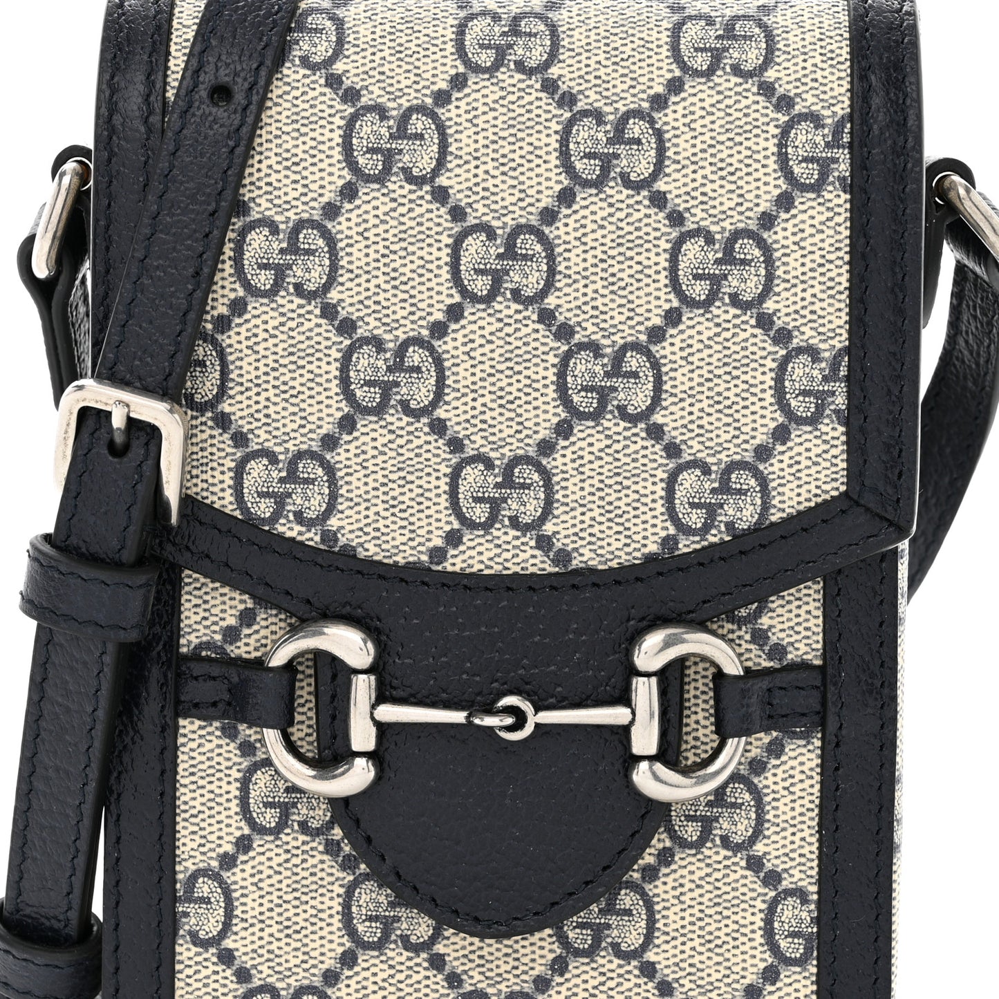 GG Supreme Monogram Textured Dollar Calfskin Mini Horsebit 1955 Crossbody Bag Beige Blue