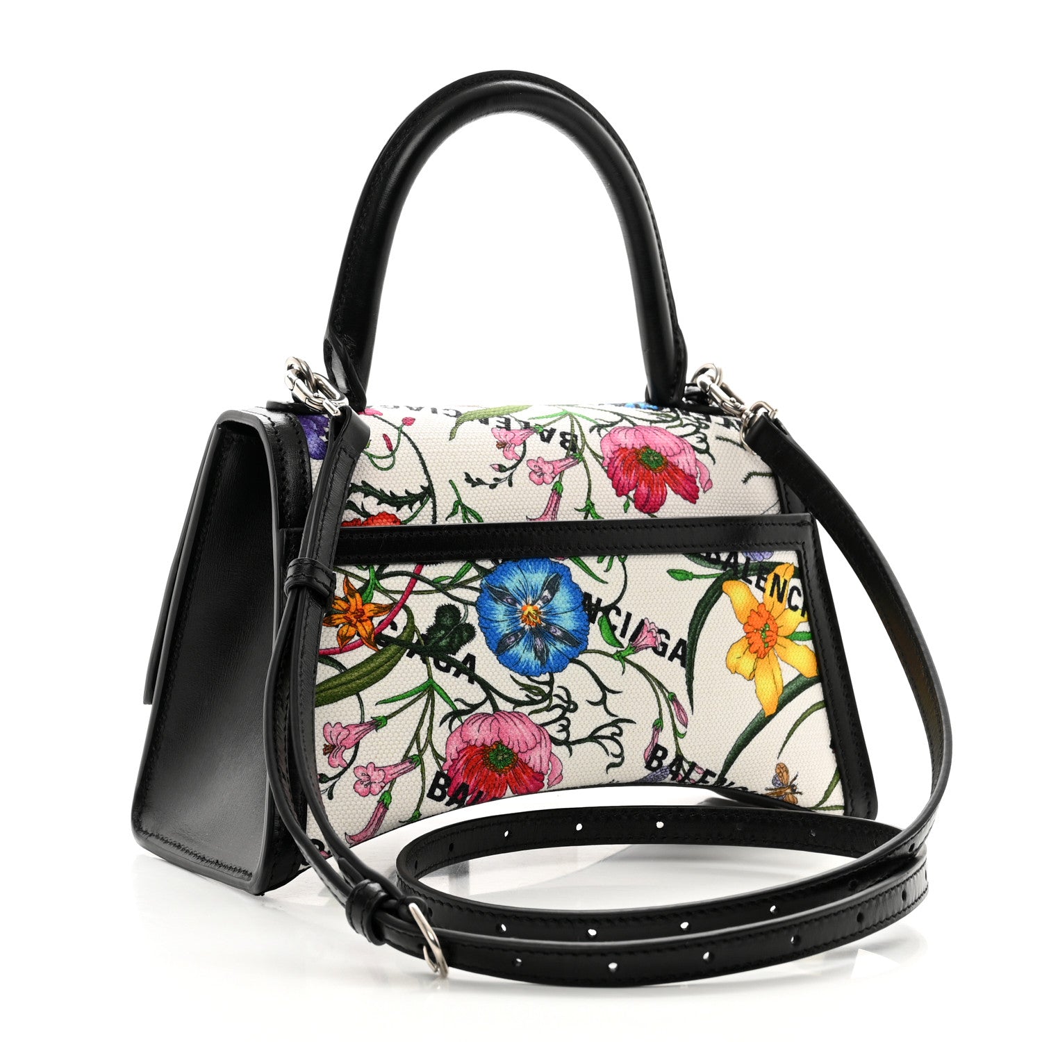 Balenciaga X GUCCI Canvas Boarded Plutone Calfskin Flora Logo Print Small Hourglass Top Handle Bag White Multicolor Black 3 of 9