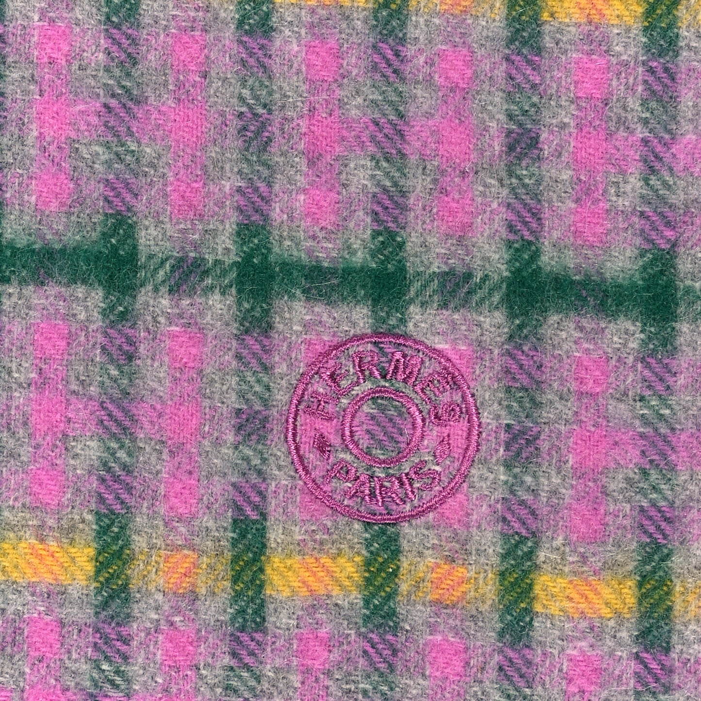 Cashmere H Ecossais Recto Verso Muffler Rose Vert Jaune