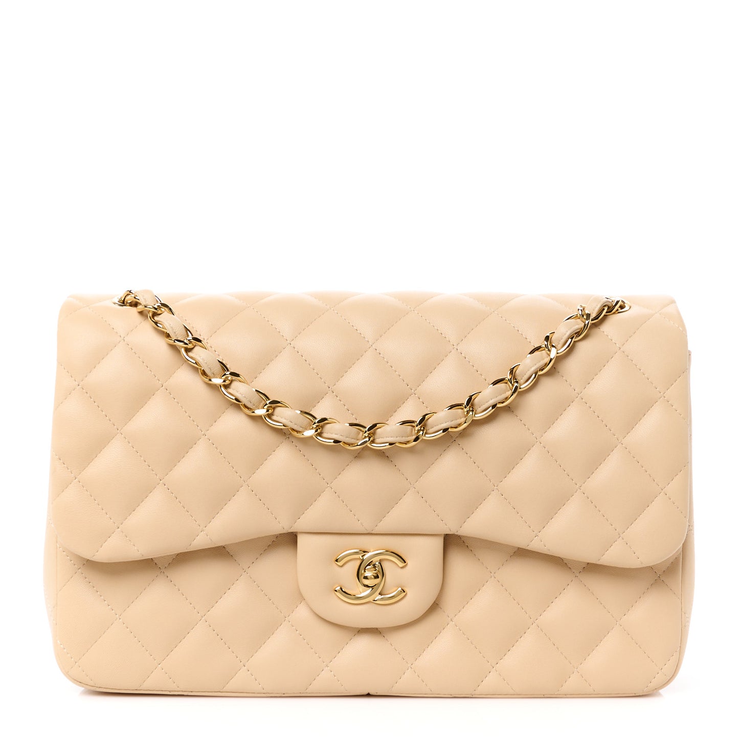 Lambskin Quilted Jumbo Double Flap Beige