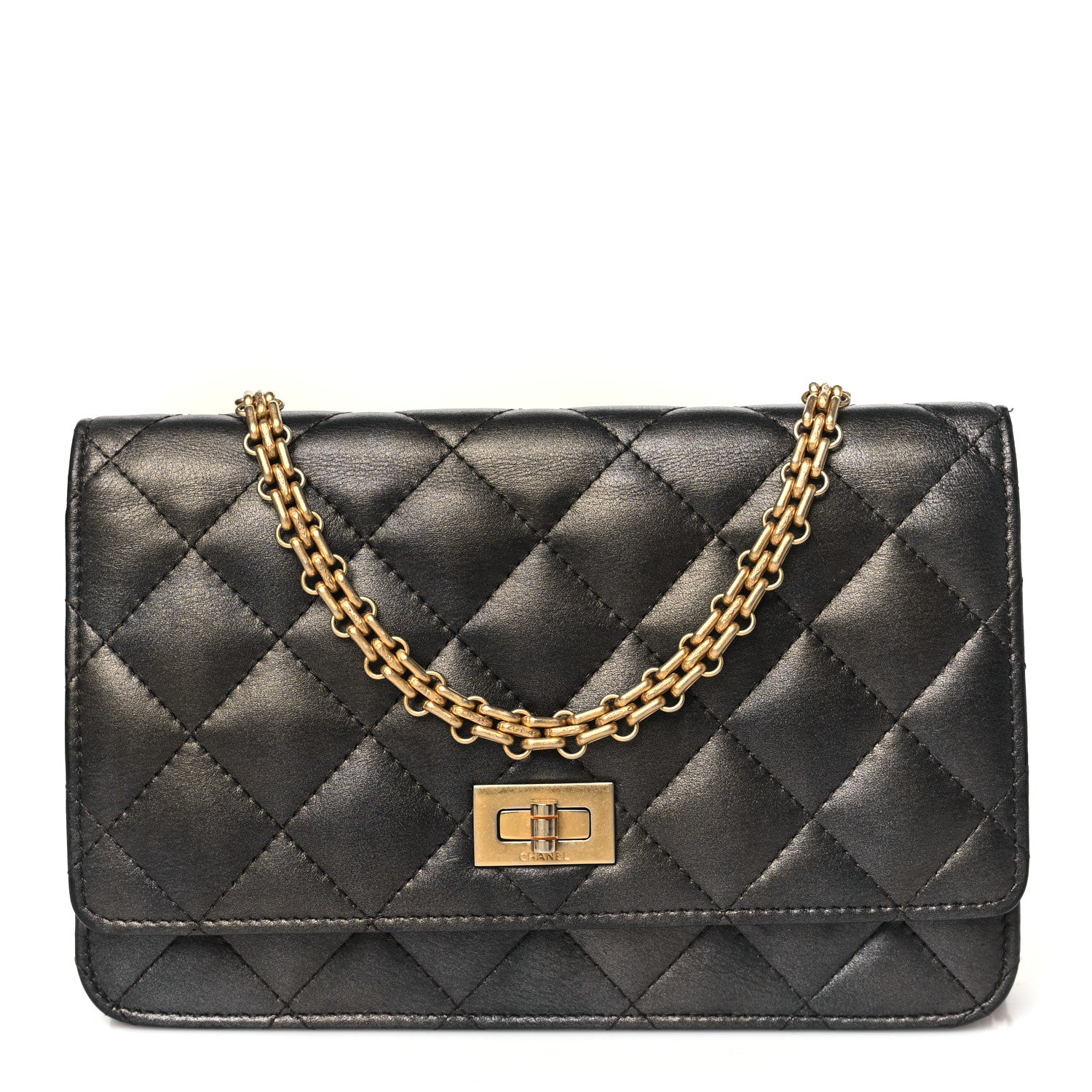 Chanel Metallic Calfskin Quilted 2.55 Reissue Wallet On Chain WOC Grey 1 of 10