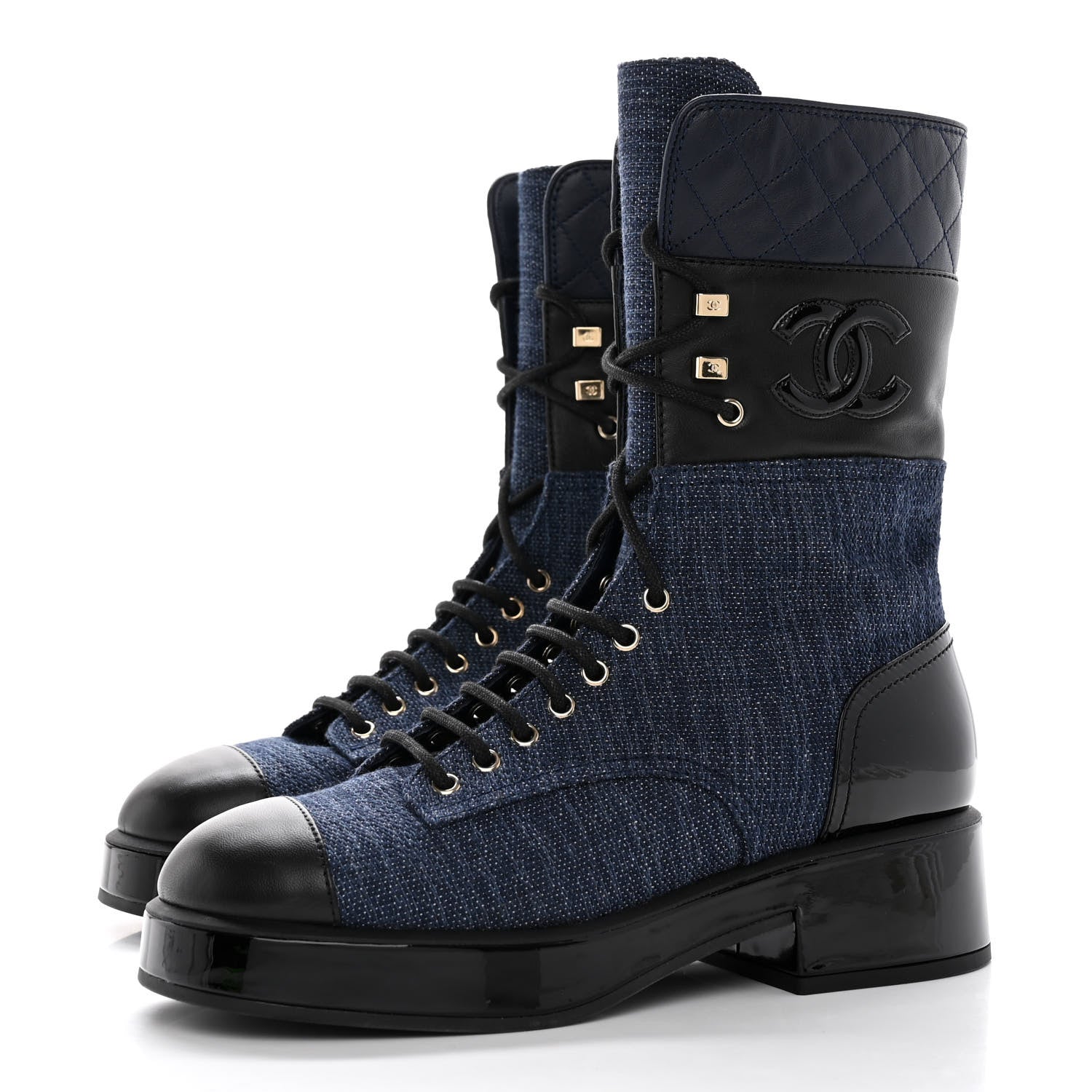 Chanel Denim Patent Lambskin Quilted CC Lace Up Combat Boots 39.5 Blue Black 3 of 10