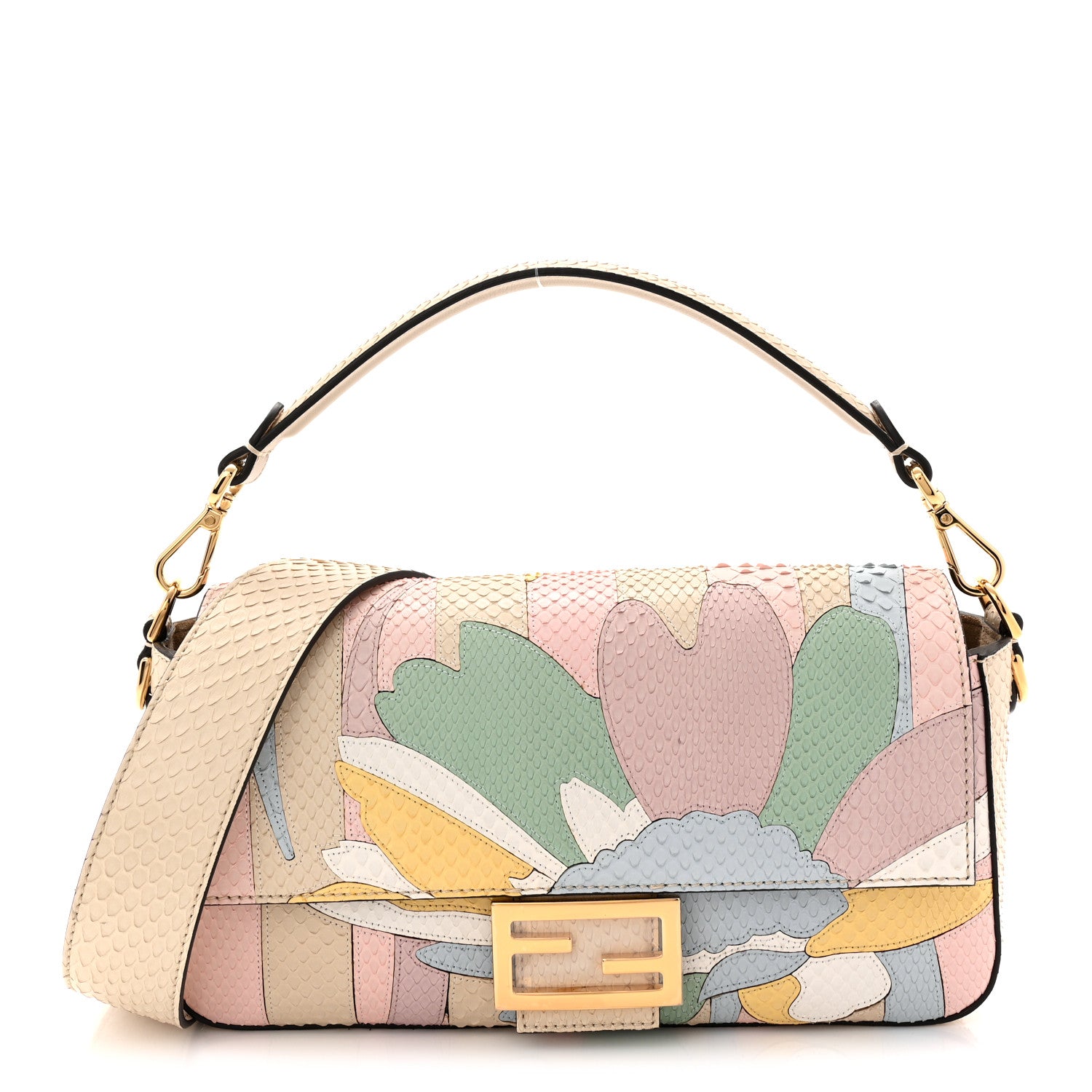 Fendi Snakeskin Floral Stitched Baguette Latte Multicolor 1780399