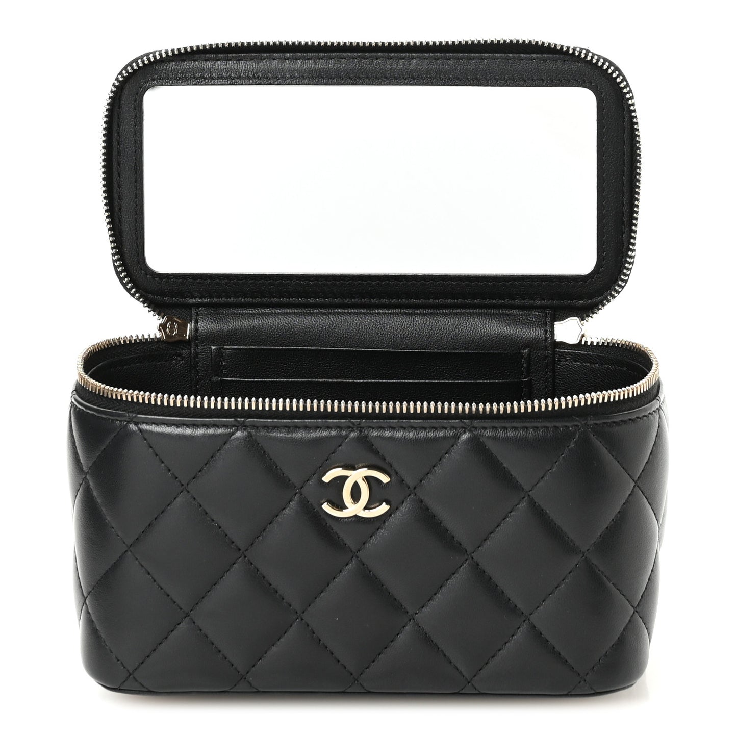 Lambskin Quilted Small Top Handle Vanity Case With Chain Black