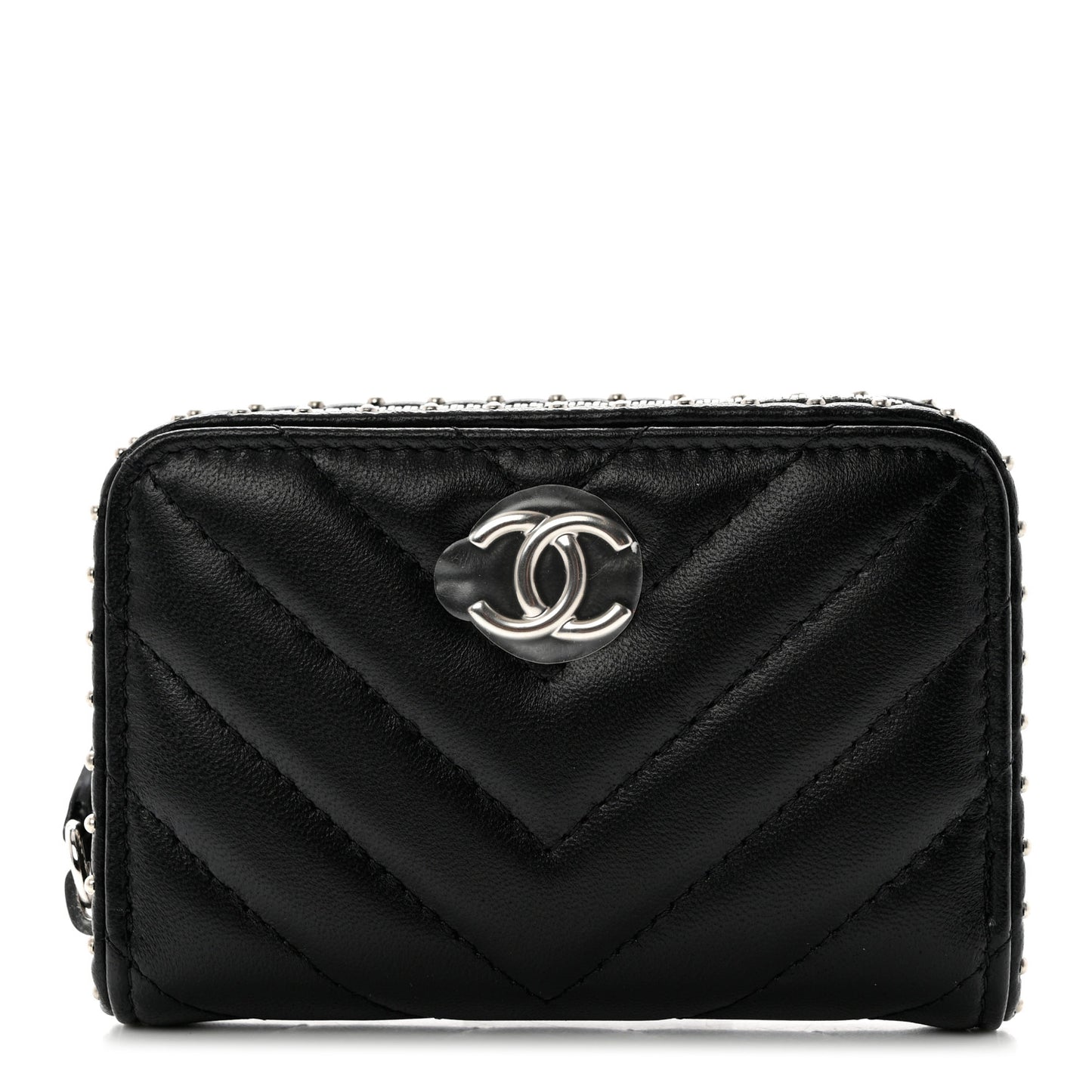 Lambskin Chevron Quilted Studded Zip Around Coin Purse Black