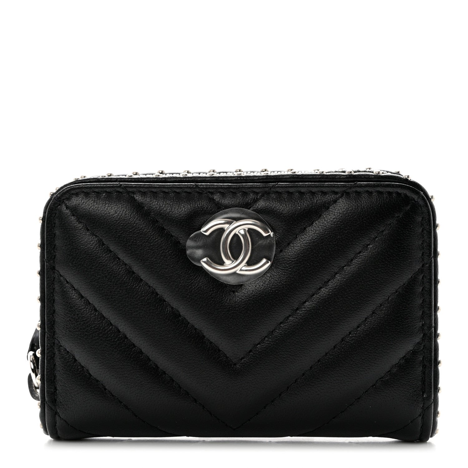 Chanel Lambskin Chevron Quilted Studded Zip Around Coin Purse Black 1 of 8