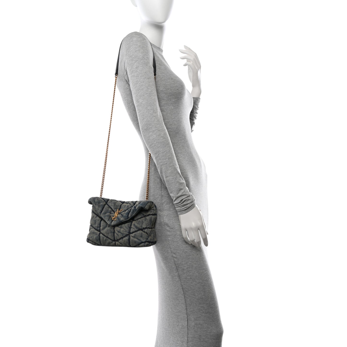 Denim Quilted Toy Loulou Puffer Monogram Chain Satchel Blue Black