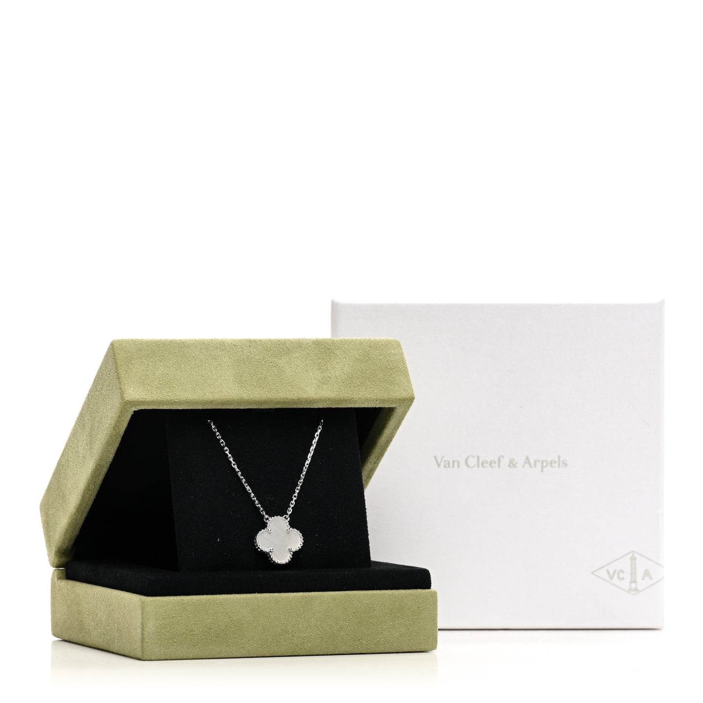 18K White Gold Mother Of Pearl Vintage Alhambra Pendant Necklace