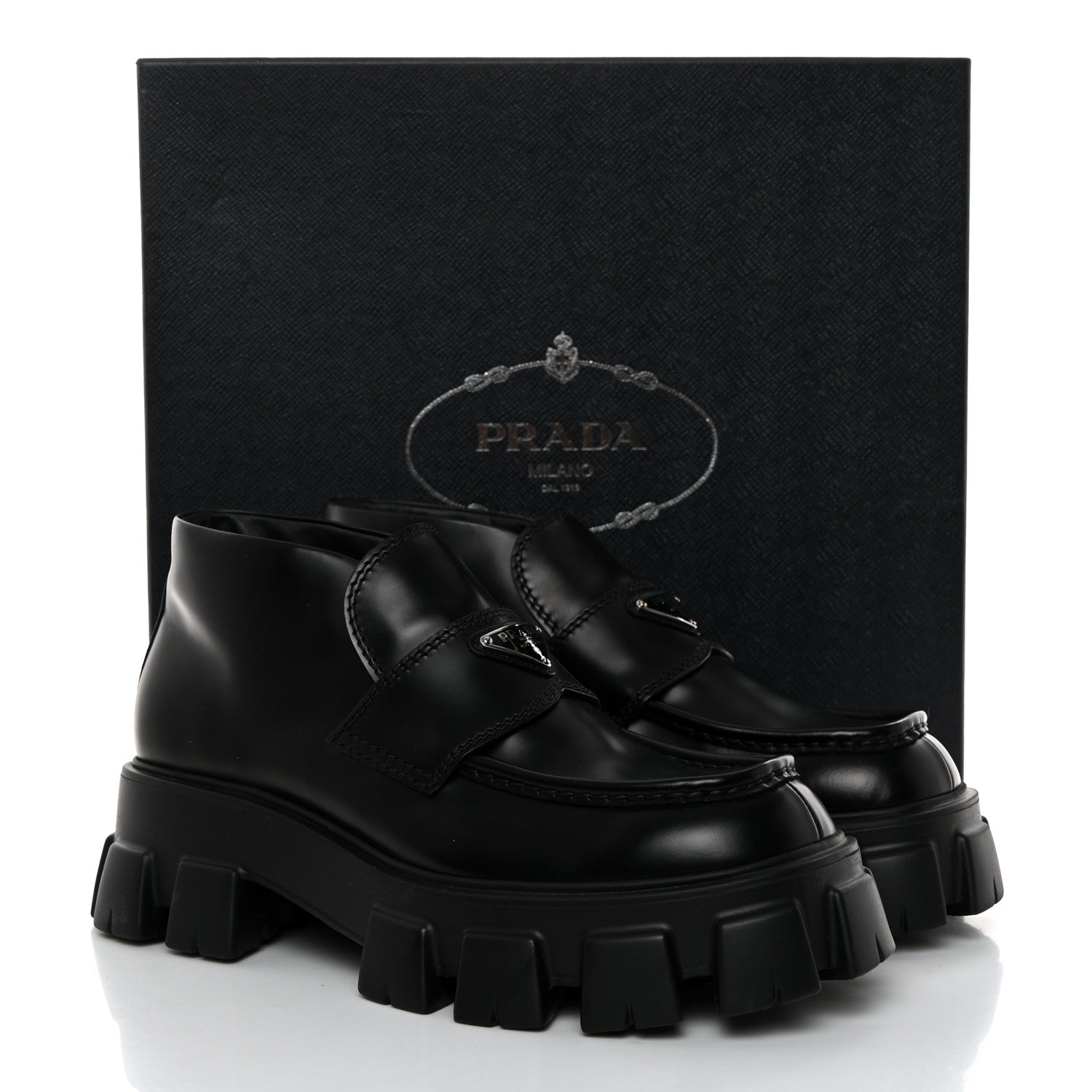 Prada Spazzolato Rois Metal Triangle Logo Mens Monolith 60mm Mid Loafers 8.5 Black 9 of 9