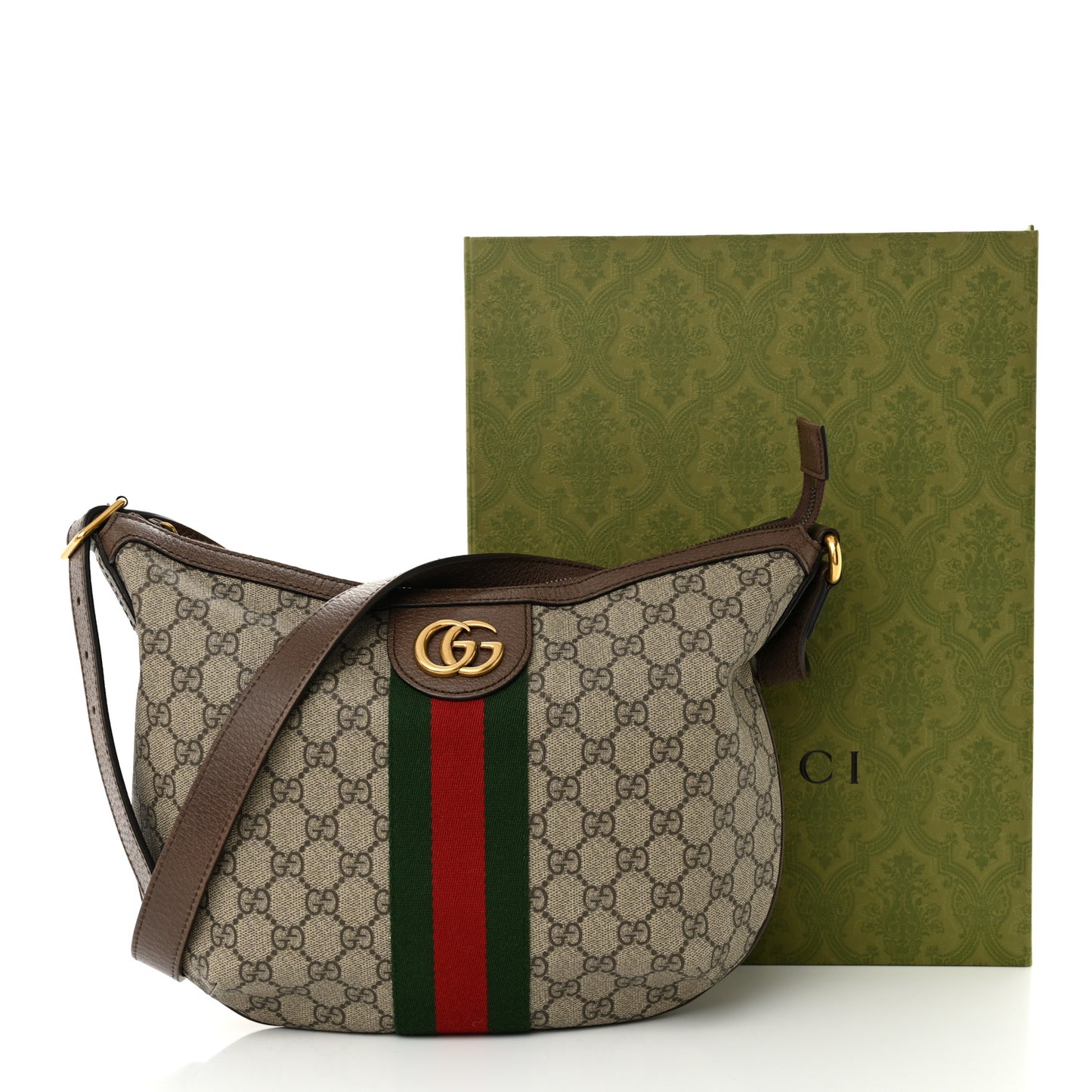 GG Supreme Monogram Web Small Ophidia Half Moon Hobo Brown