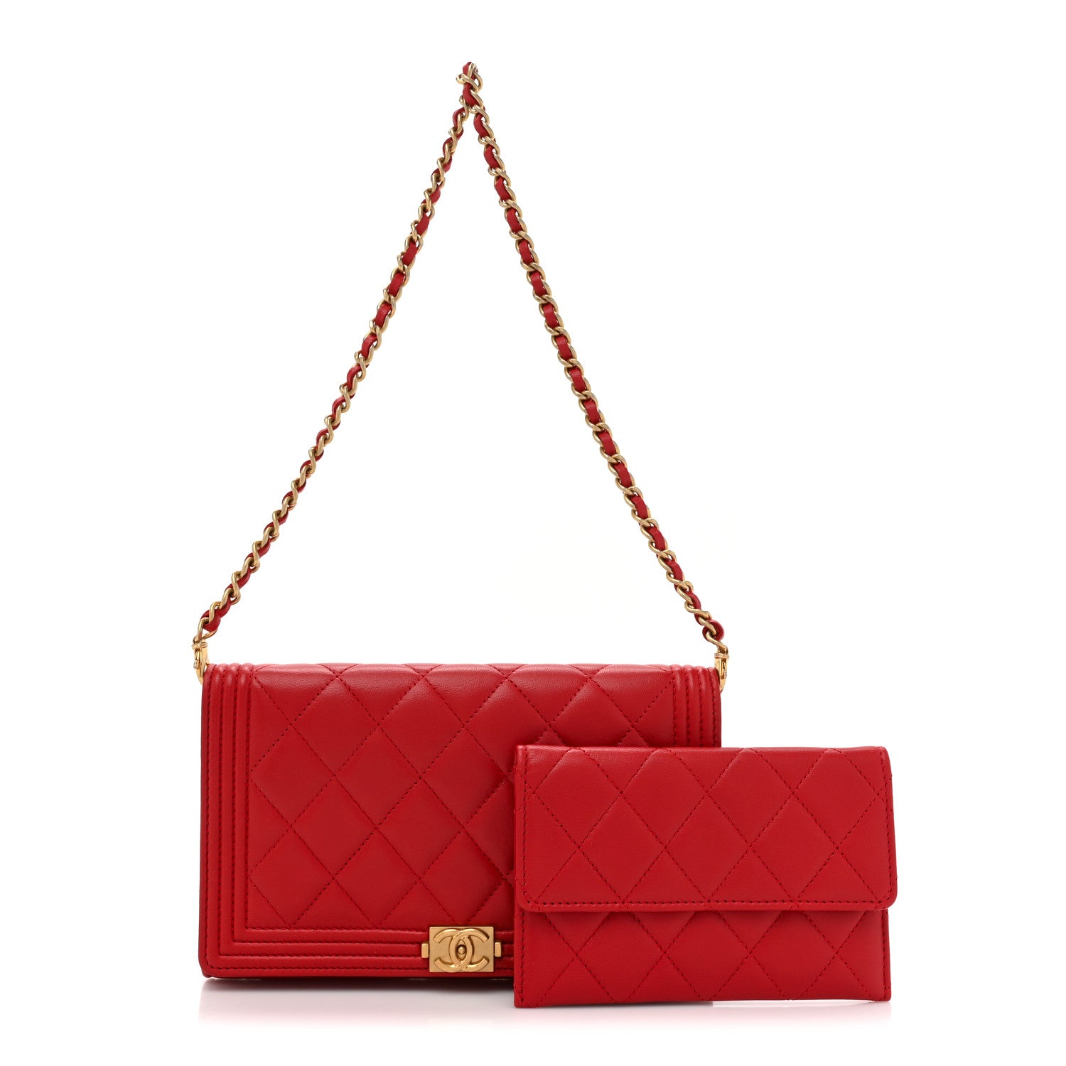 Chanel Lambskin Quilted Boy Wallet On Removable Chain WOC Red 3 of 15