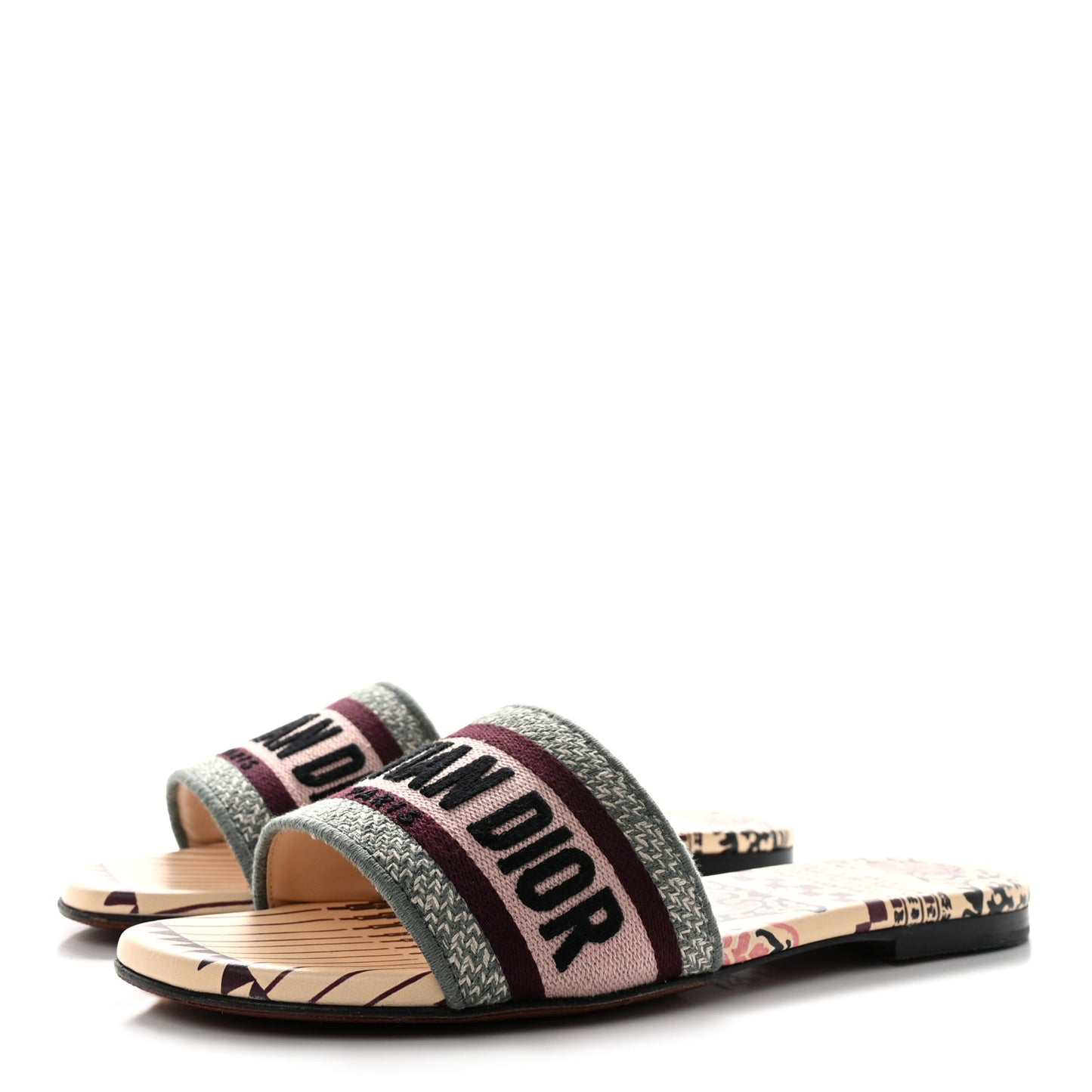 Canvas Embroidered Geometric Dway Mules Slide Sandals 36 Beige Multicolor