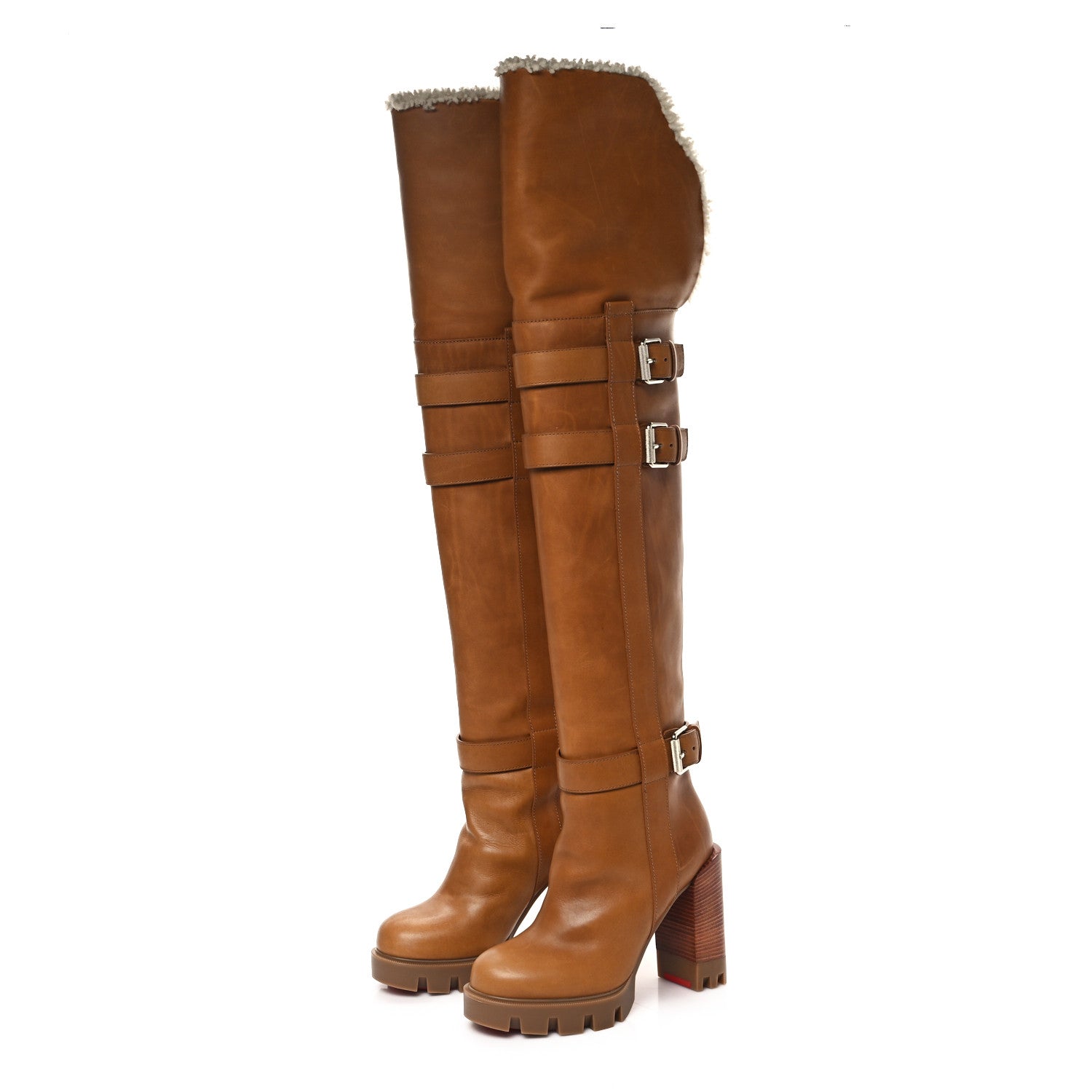 Christian Louboutin Calfskin Wax Shearling Brodeback Lug Over The Knee Boots 35.5 Terra Beige 3 of 8