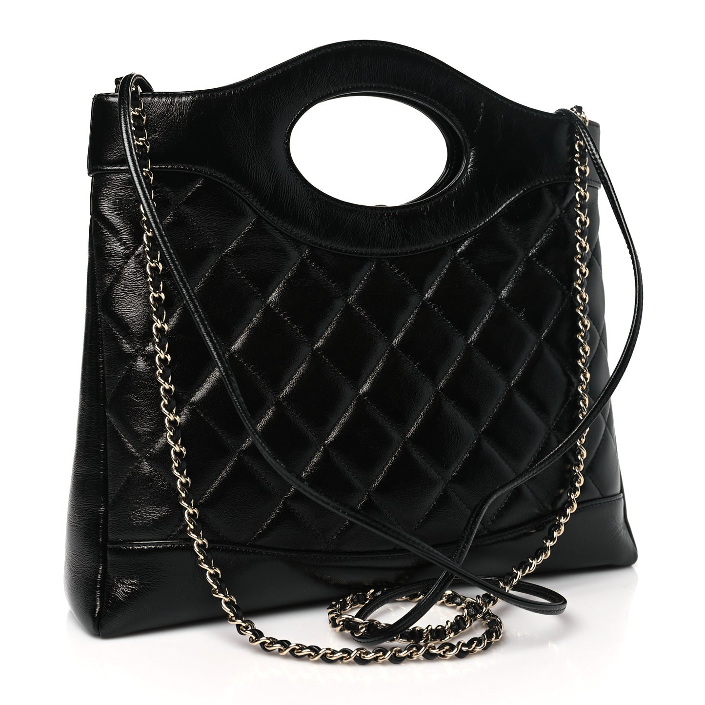 Shiny Lambskin Quilted Small 31 Shopping Bag Black
