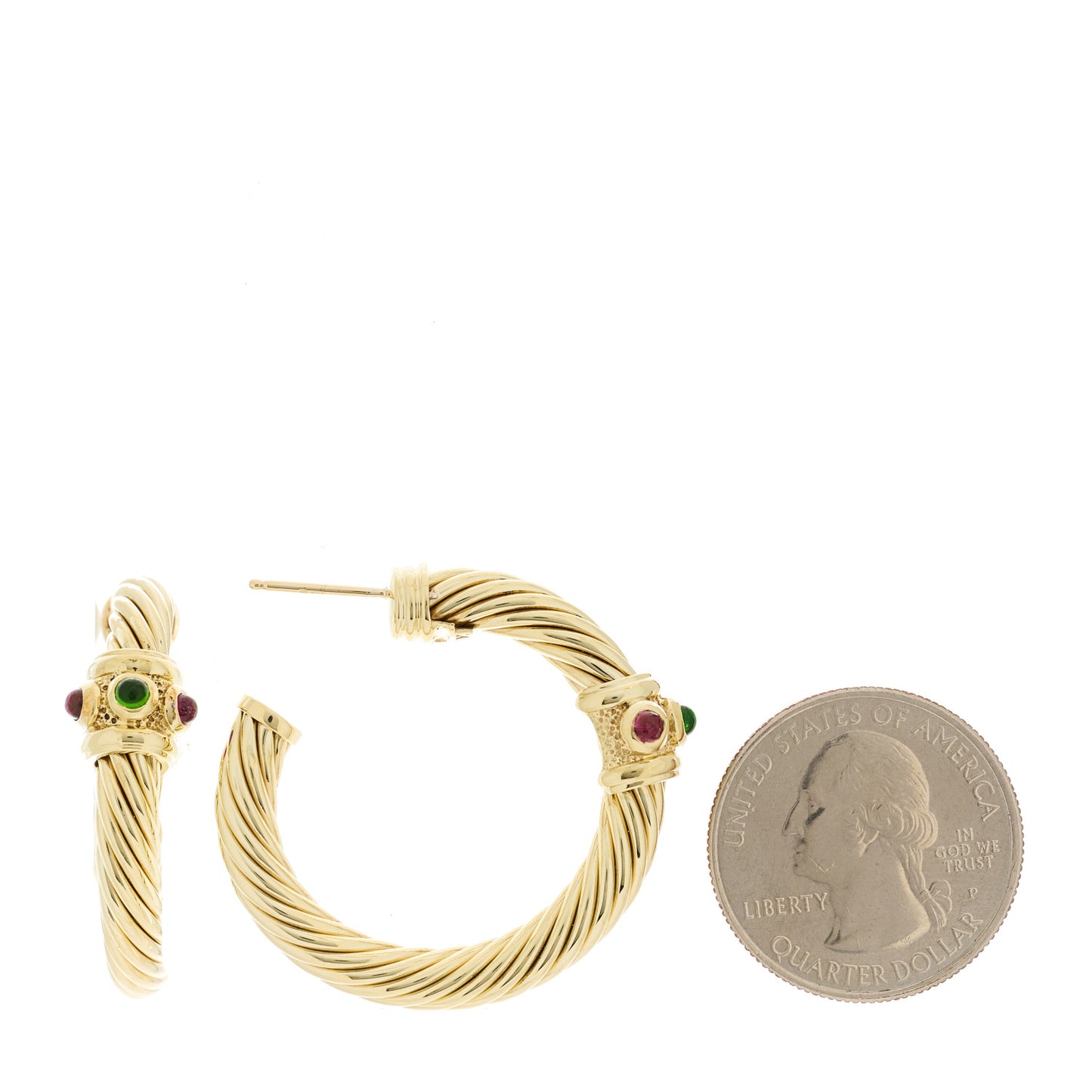 14K Yellow Gold Garnet Tourmaline Sculpted Cable Hoop Earrings