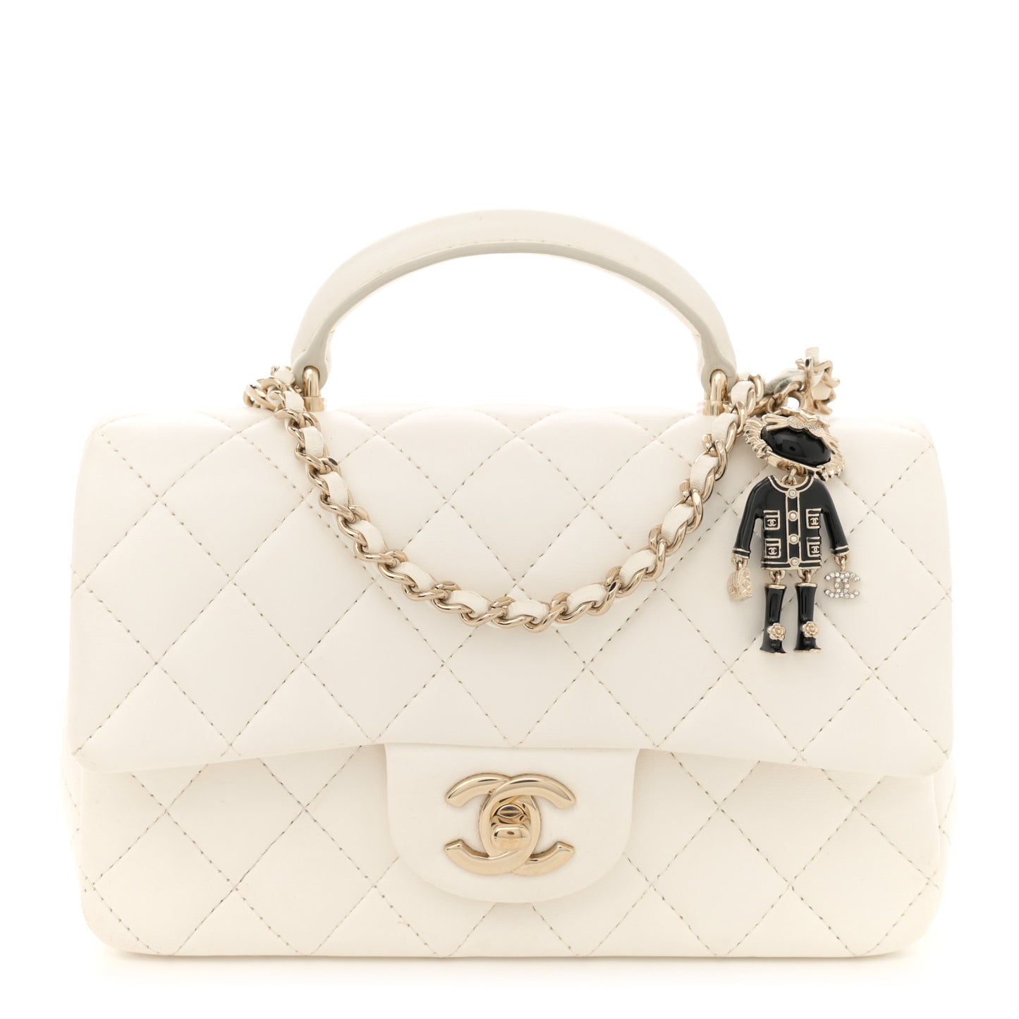 Lambskin Quilted Mini Lion Charm Top Handle Rectangular Flap White