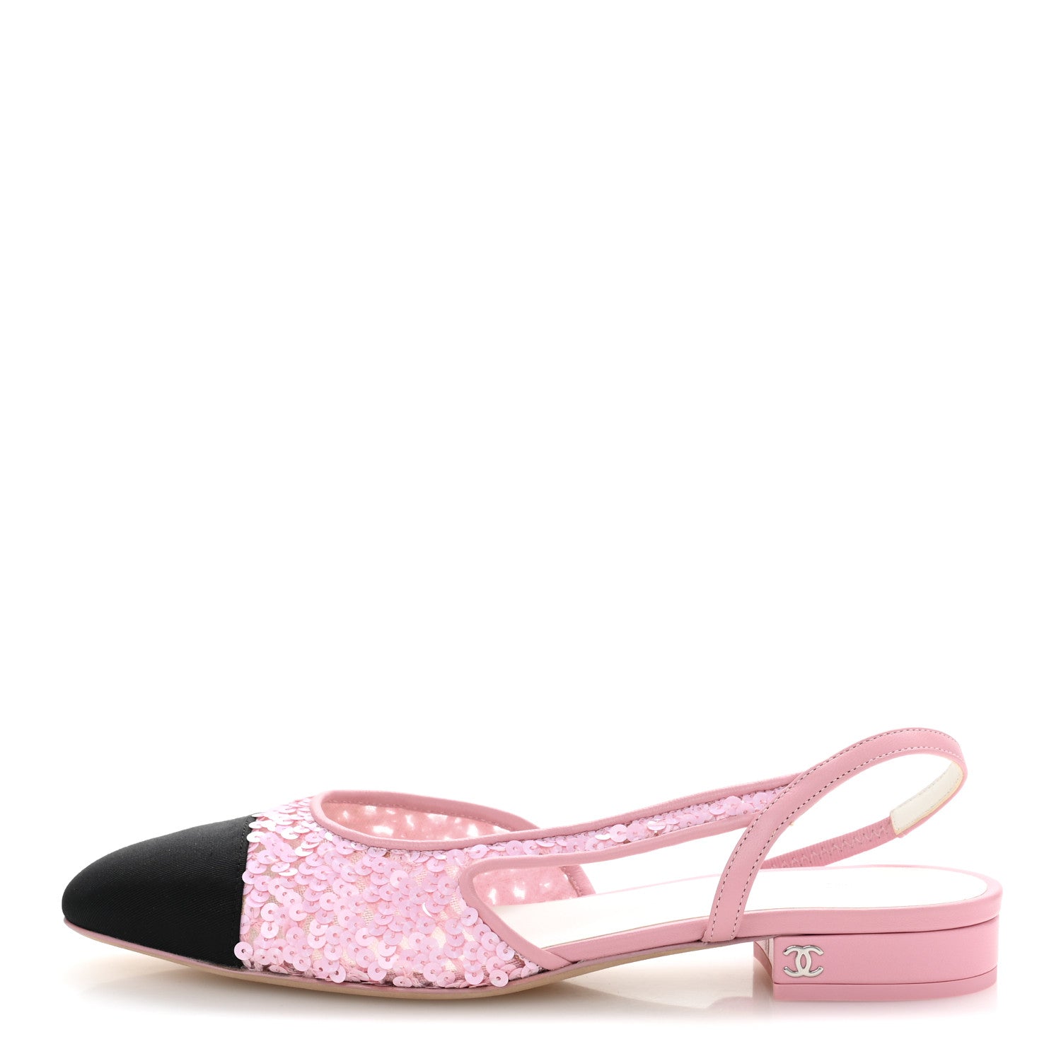 Chanel Sequins Satin Cap Toe CC Slingback Flat 37 Pink Black