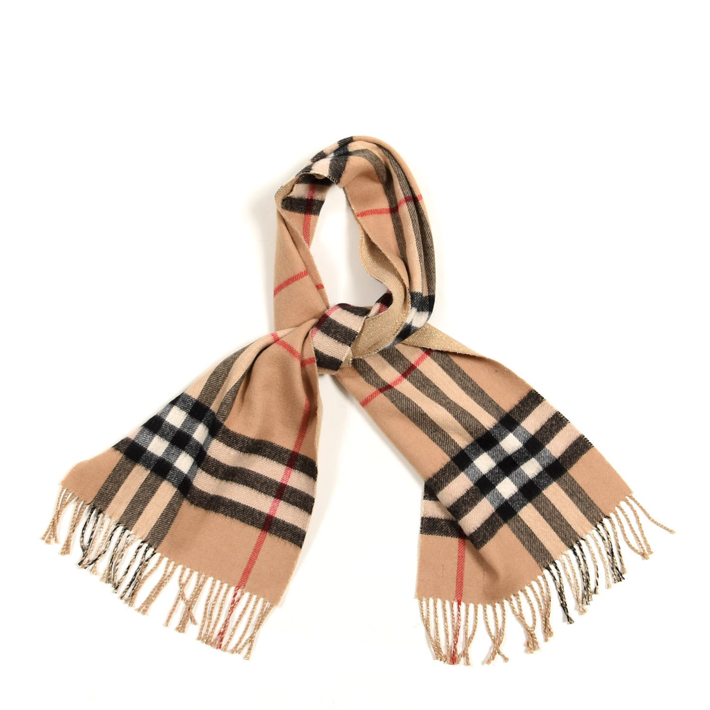 Metallic Cashmere Reversible Check Fringe Scarf Camel Gold
