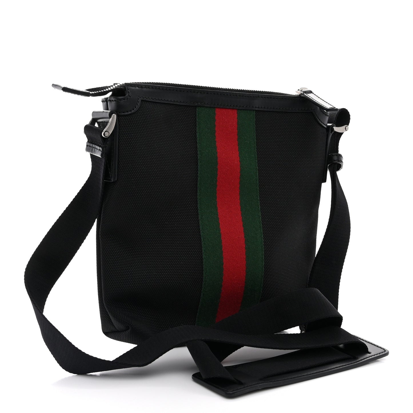 Techno Canvas Selleria Calfskin Web Small Flat Messenger Bag Black