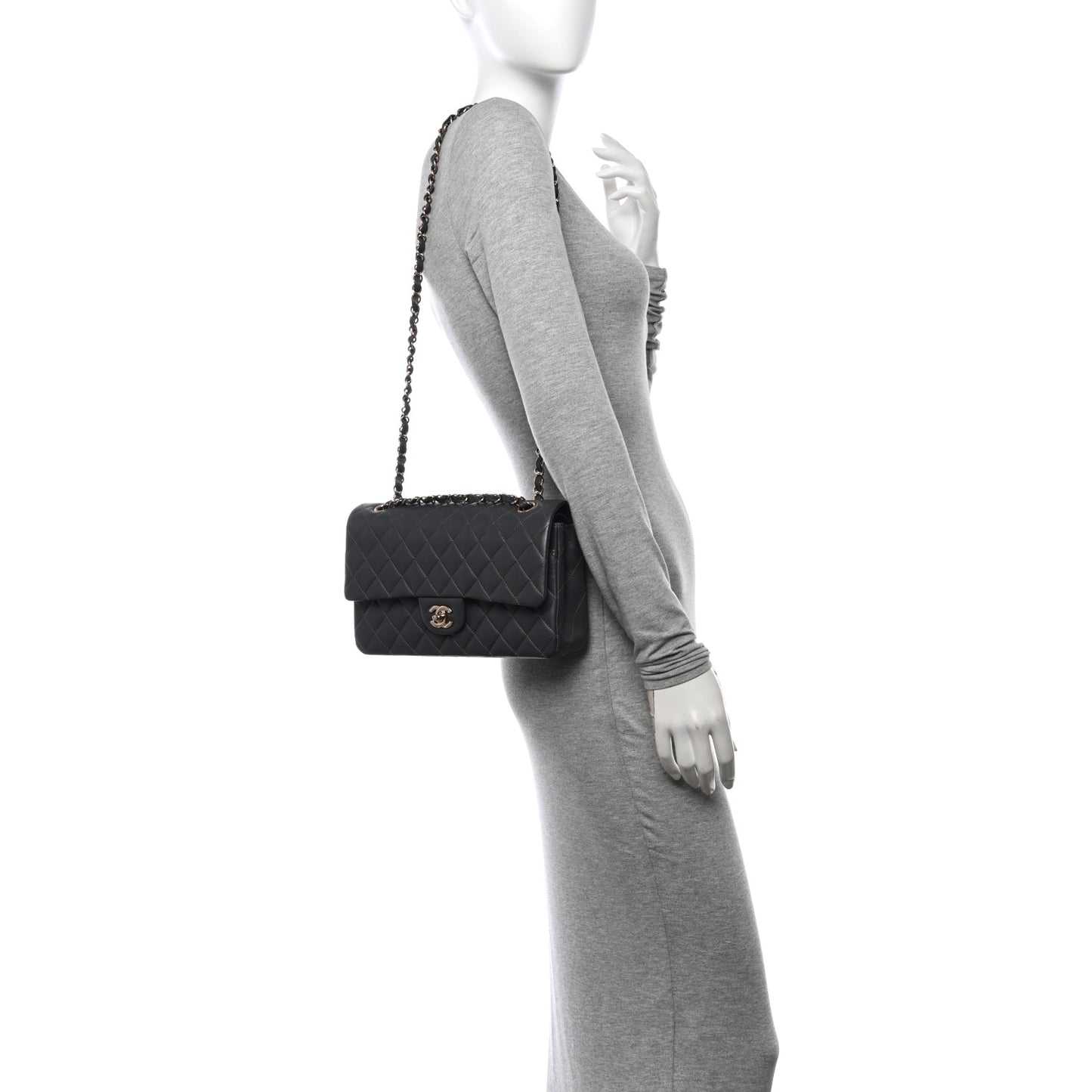 Lambskin Quilted Medium Double Flap Dark Grey
