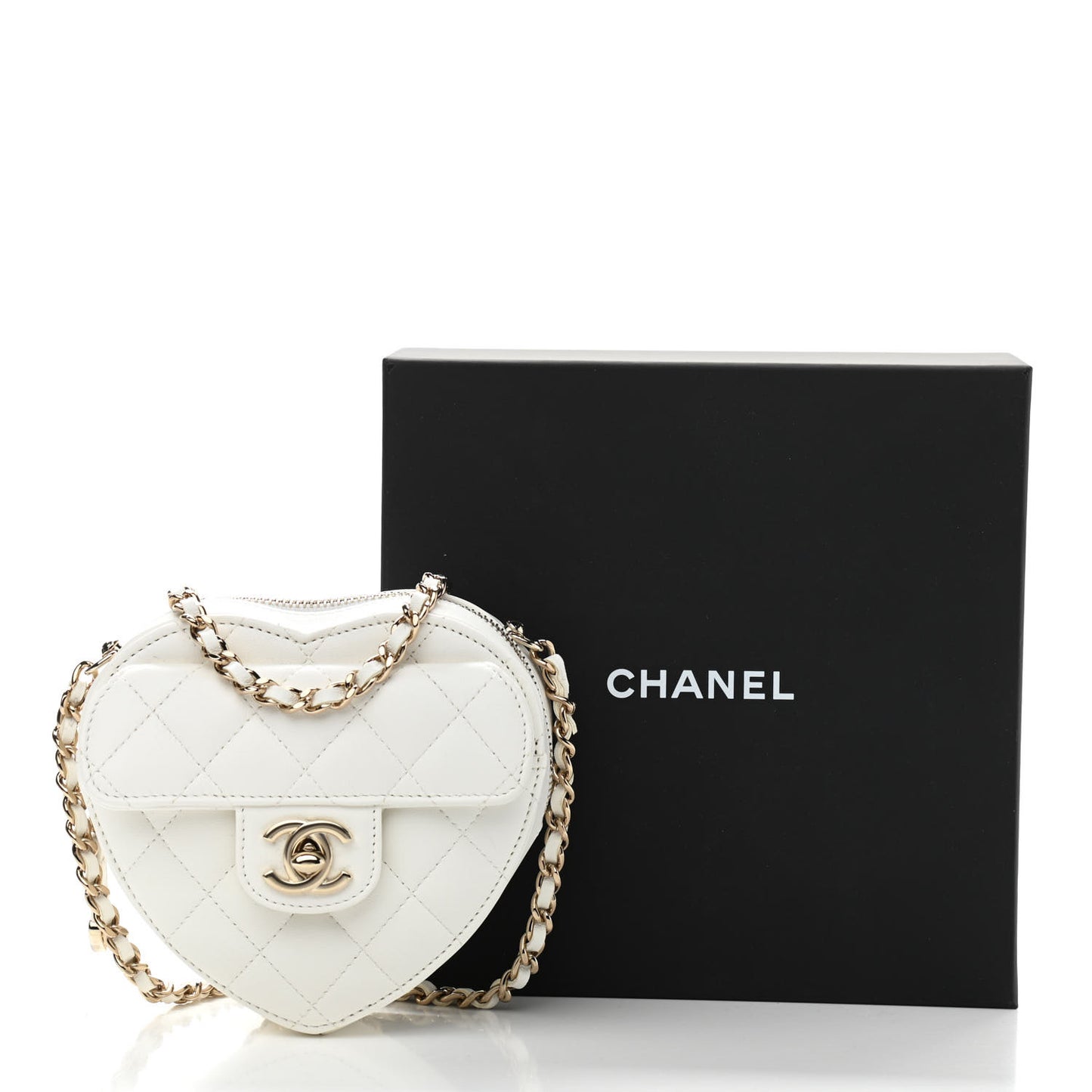 Lambskin Quilted CC In Love Heart Clutch With Chain White