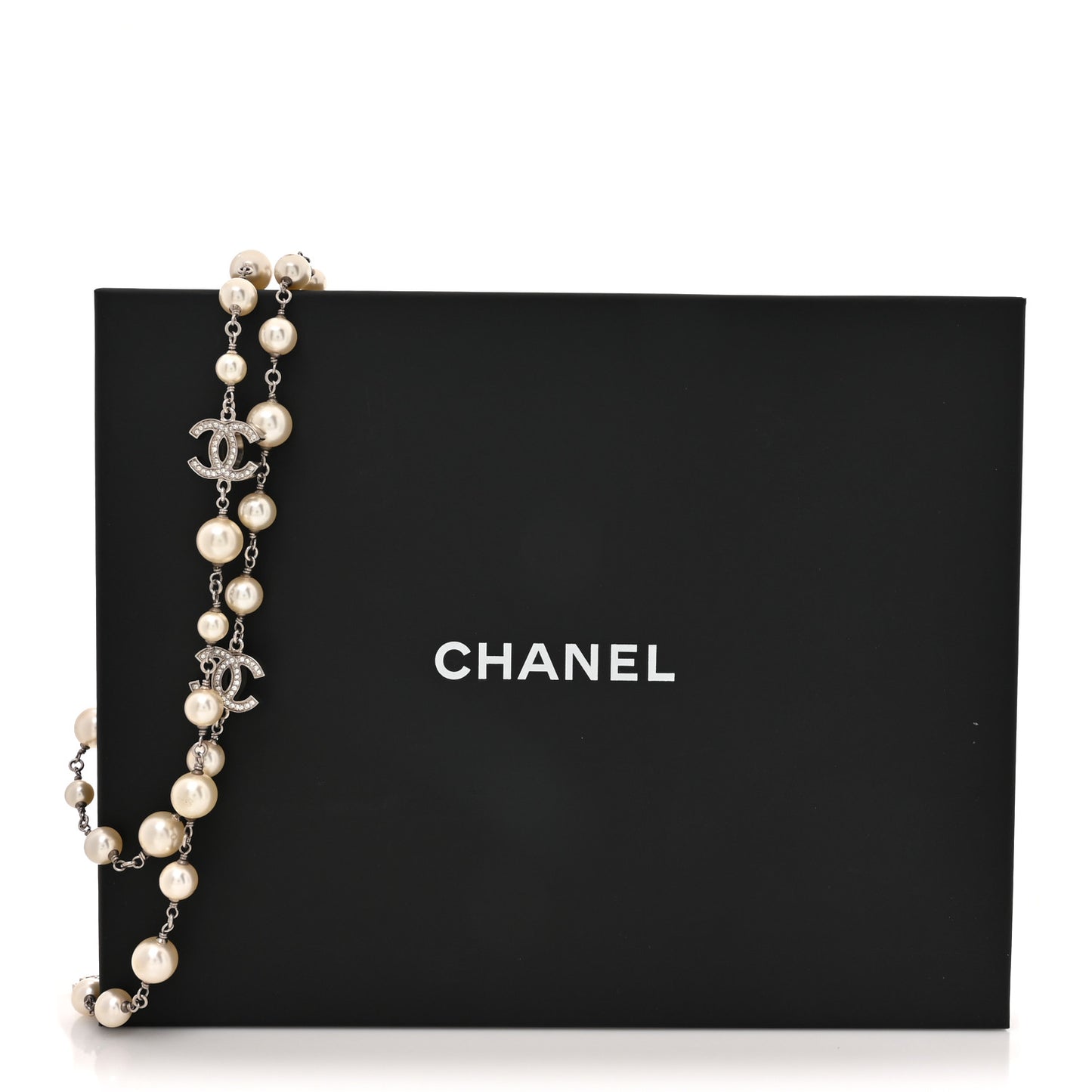Crystal Pearl CC Long Necklace Silver