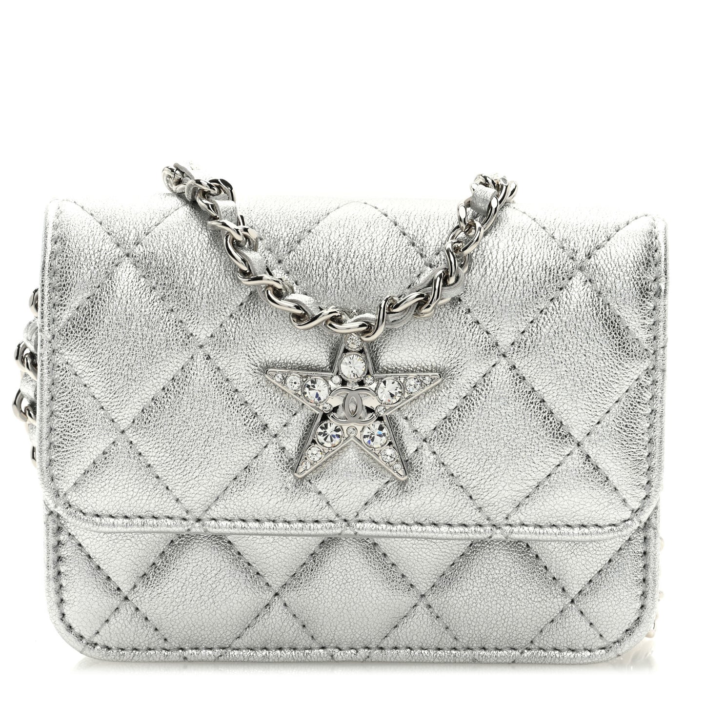 Metallic Goatskin Quilted Star Flap Waist Belt Bag Silver