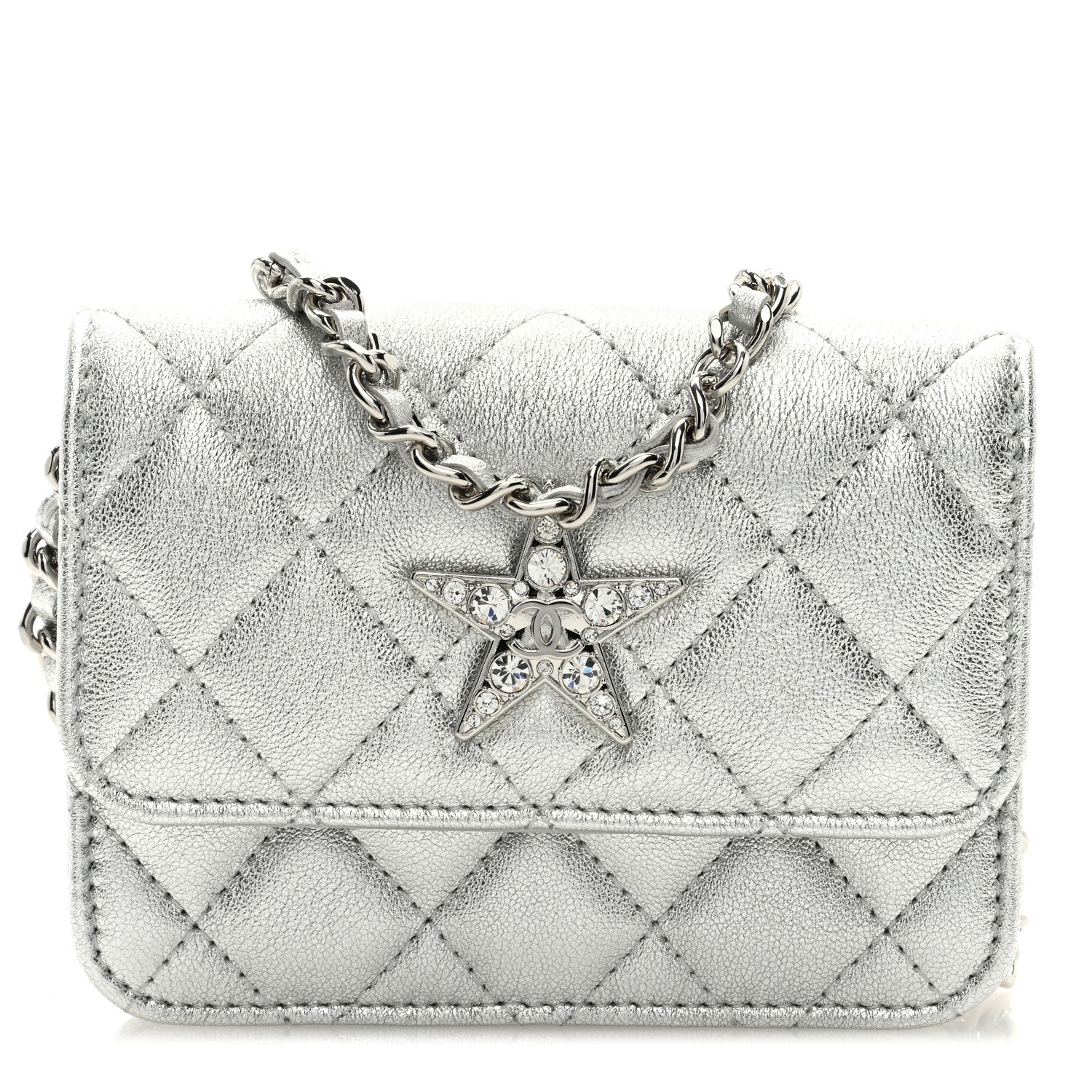 Chanel Metallic Goatskin Quilted Star Flap Waist Belt Bag Silver 1 of 9