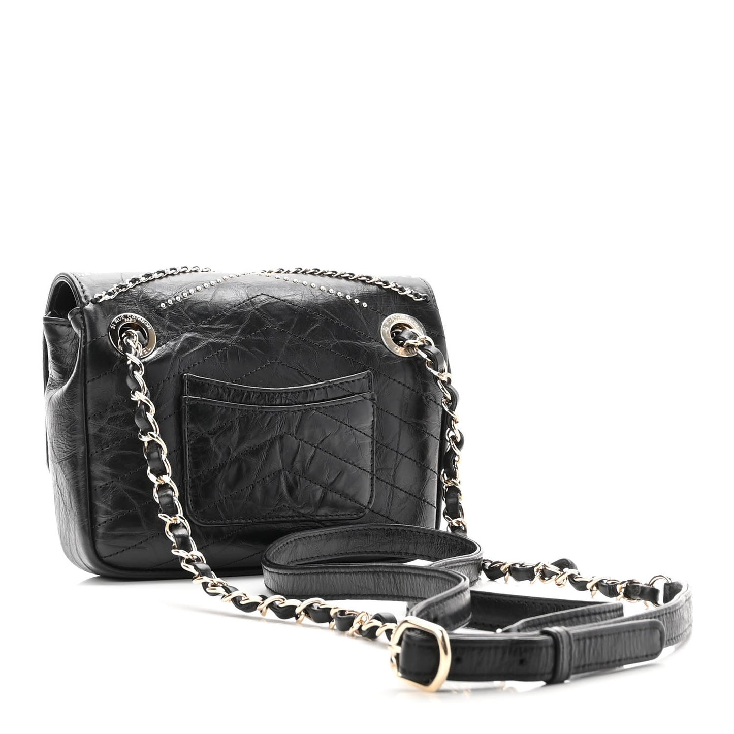 Crumpled Calfskin Chevron Chain Mini Square Flap Black