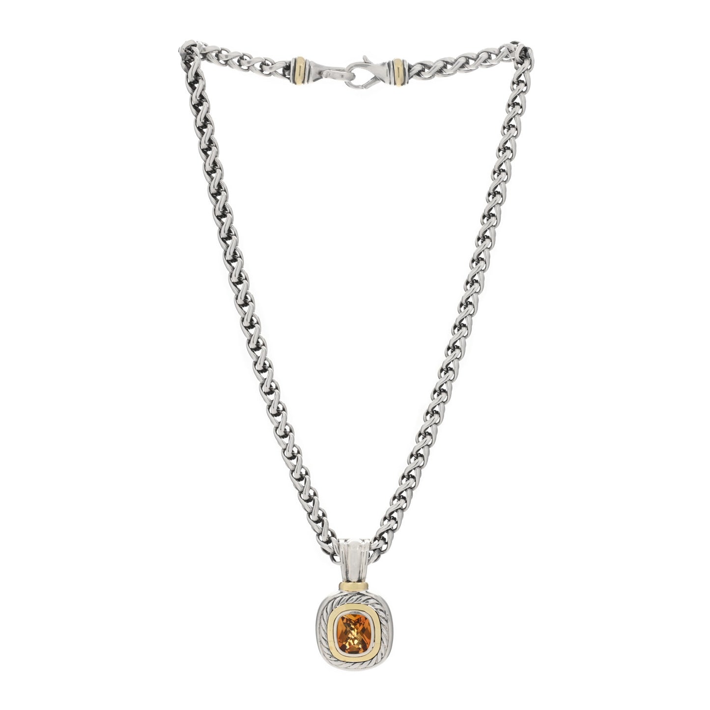 Sterling Silver 14K Yellow Gold Citrine Albion Pendant Wheat Chain Necklace