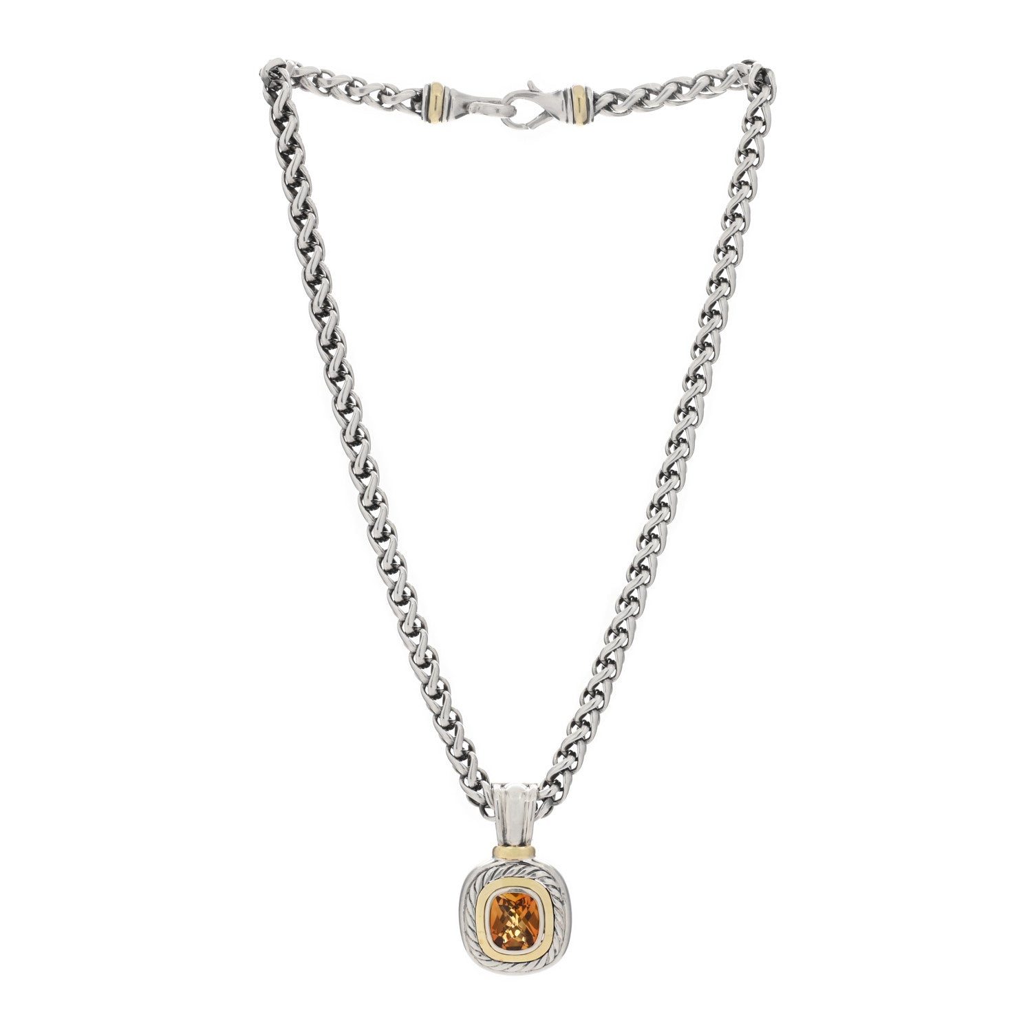 David Yurman Sterling Silver 14K Yellow Gold Citrine Albion Pendant Wheat Chain Necklace 2 of 4