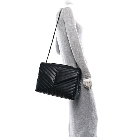 Calfskin Y Quilted Monogram Monochrome Large Loulou Chain Satchel Black