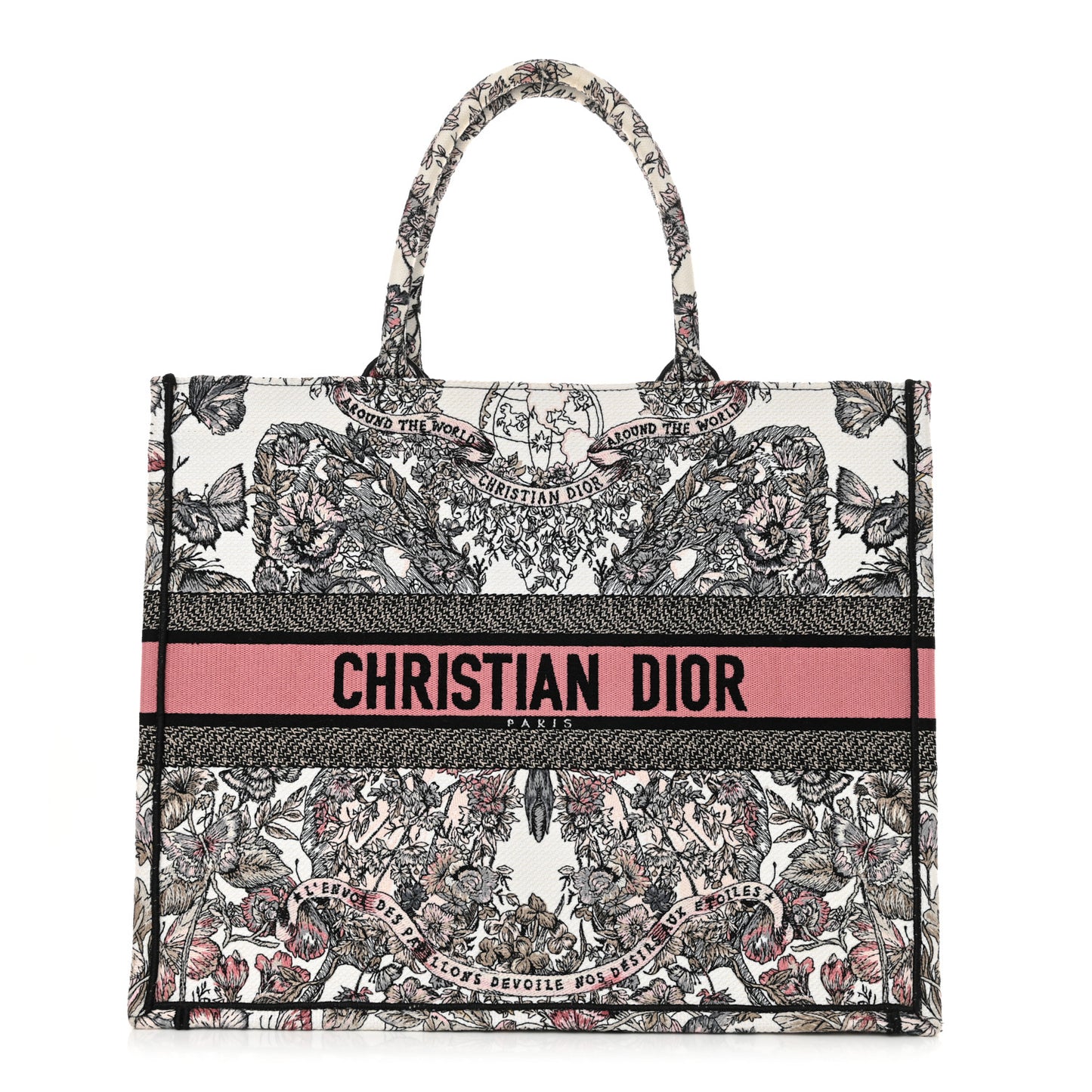 Canvas Embroidered Large Butterfly Around The World Book Tote White Pastel Pink