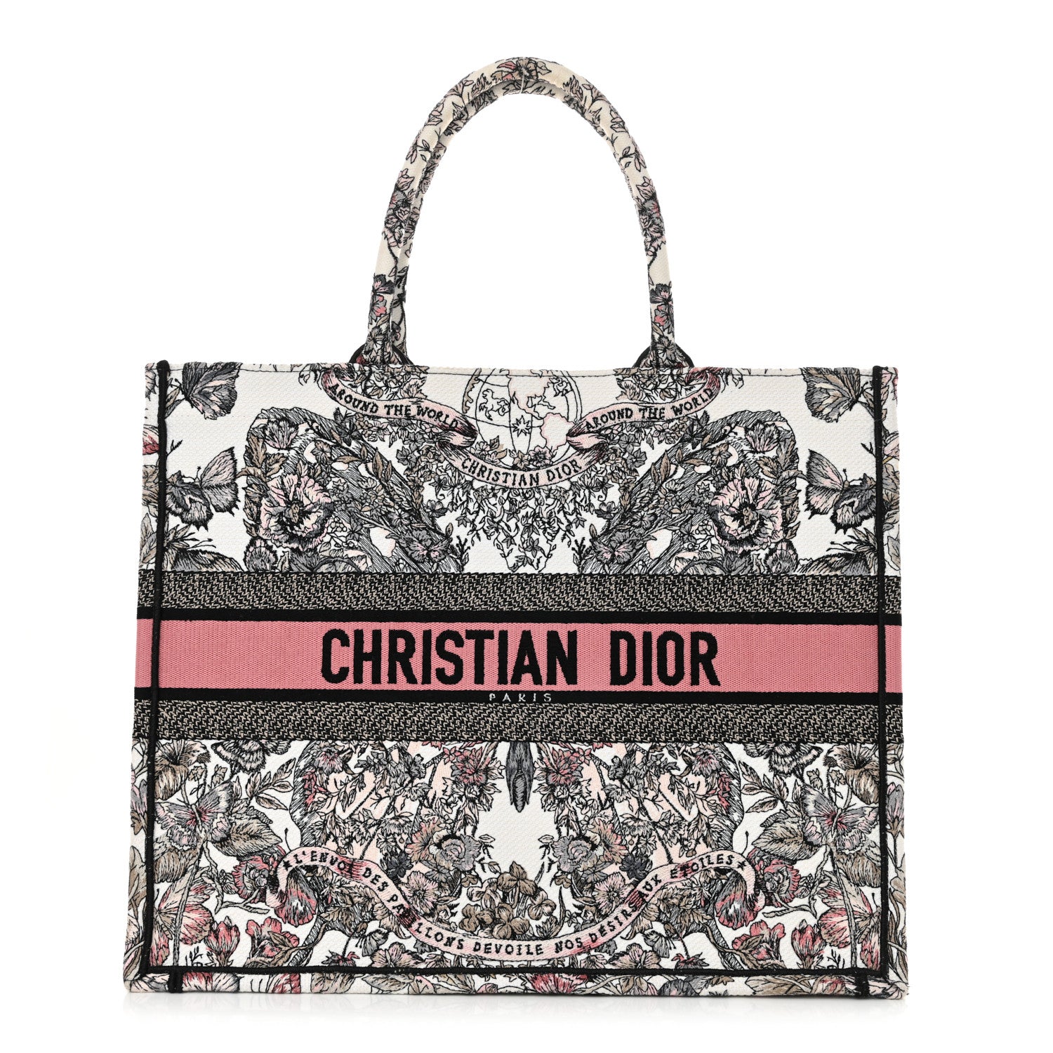 Christian Dior Canvas Embroidered Large Butterfly Around The World Book Tote White Pastel Pink 1 of 11
