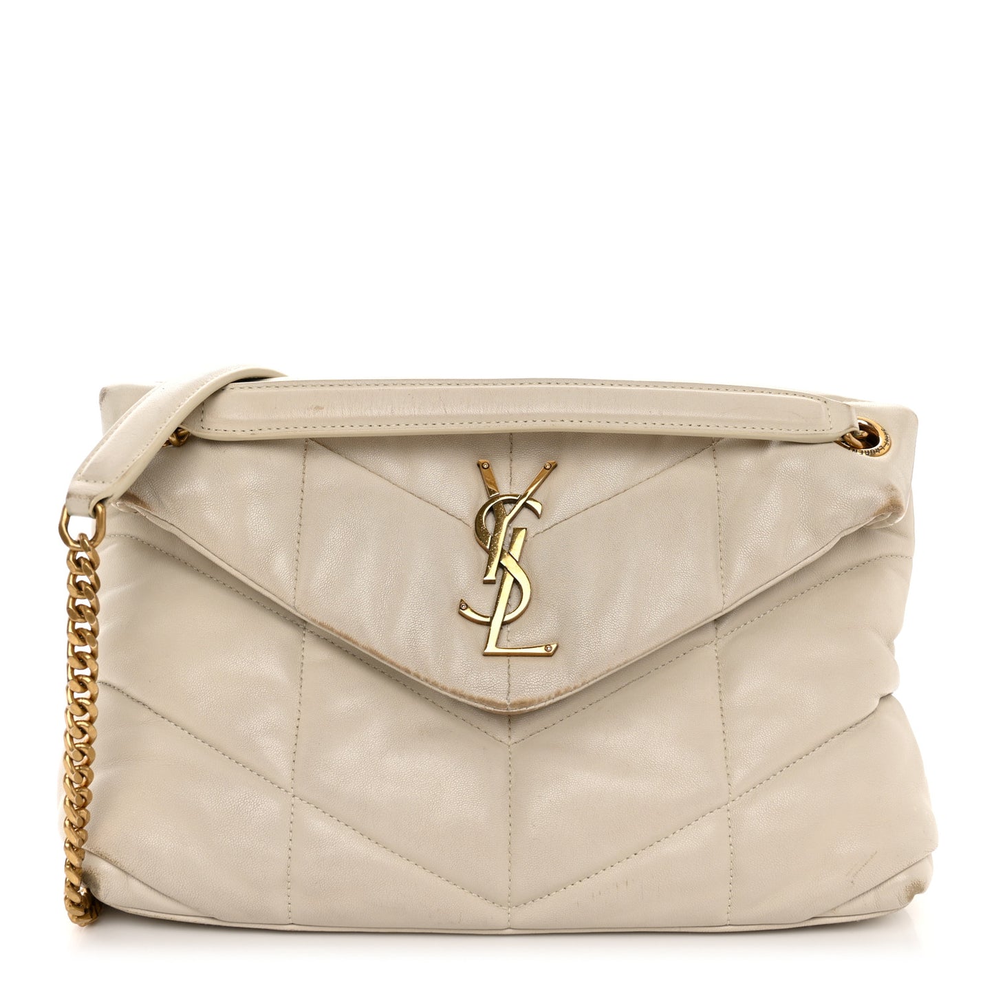SAINT LAURENT Lambskin Quilted Small Loulou Puffer Monogram Chain Satchel Crema Soft