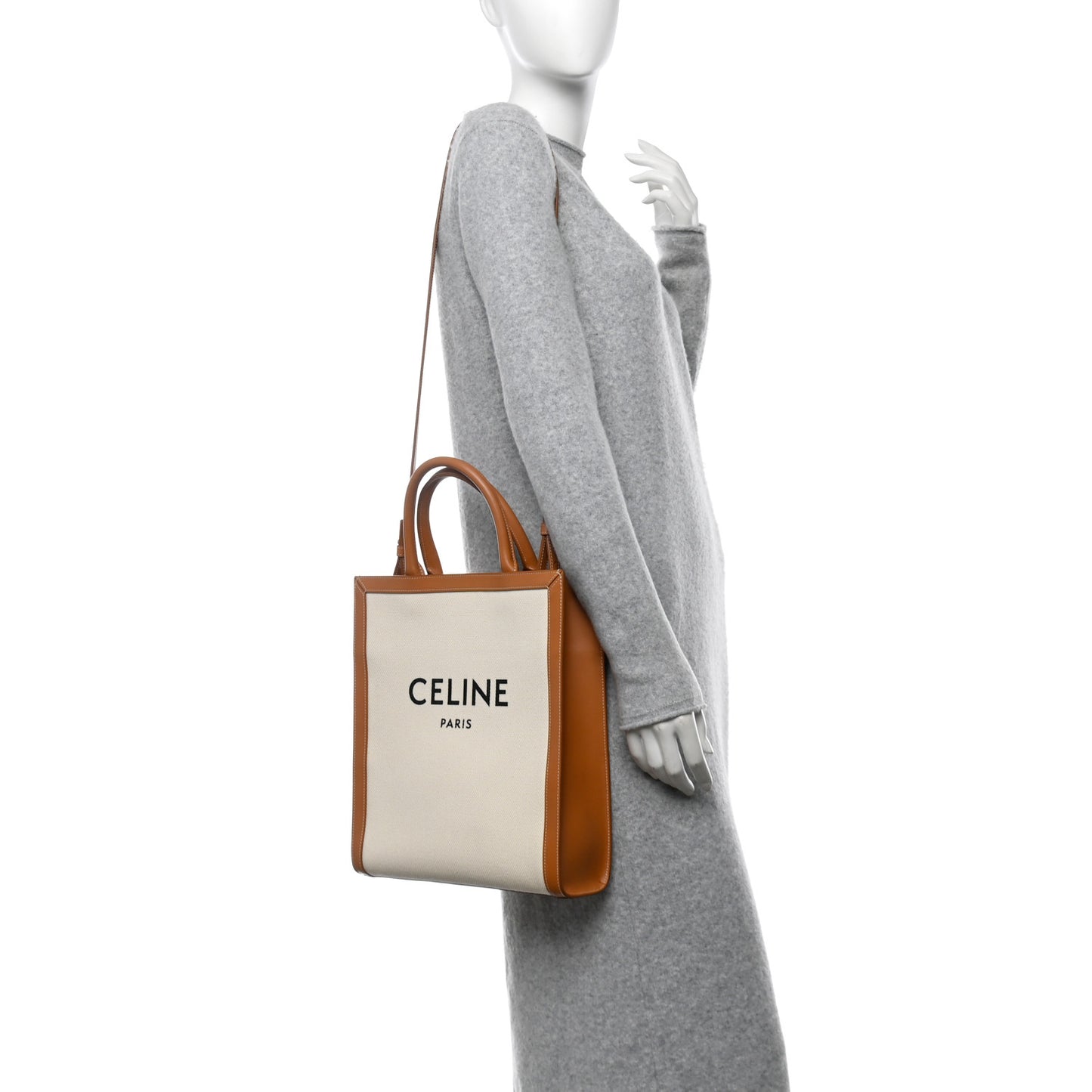 Canvas Calfskin Logo Print Small Vertical Cabas Natural Tan