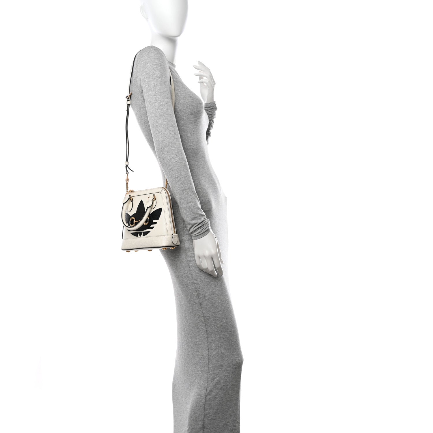 Gucci X ADIDAS Textured Dollar Calfskin Web Trefoil Mini Horsebit 1955 Top Handle Bag Off White Black 2 of 11