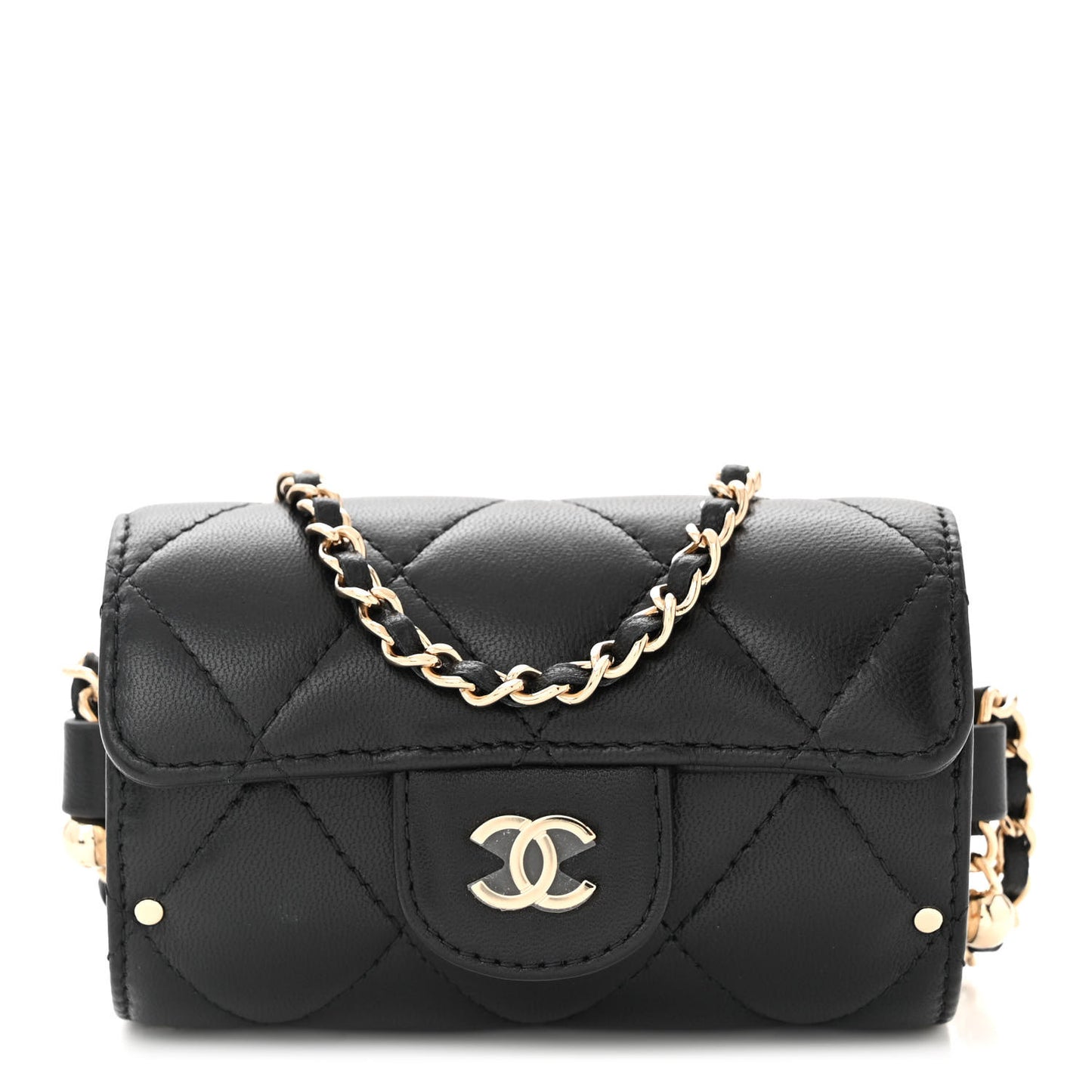 Lambskin Quilted Box Of Secrets Card Holder With Chain Black